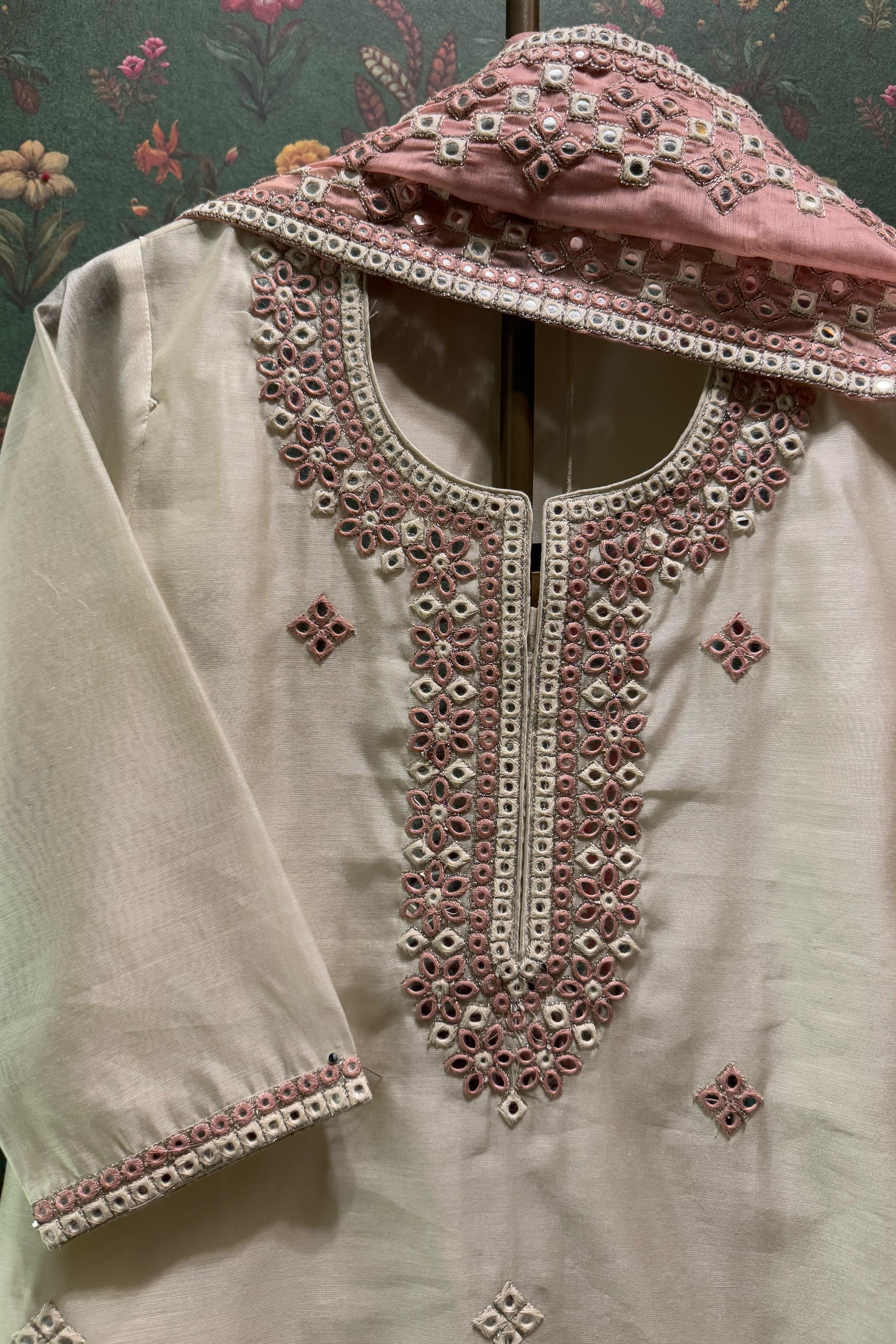 Ivory Chanderi Suit Set with Mirror Work | HER-409