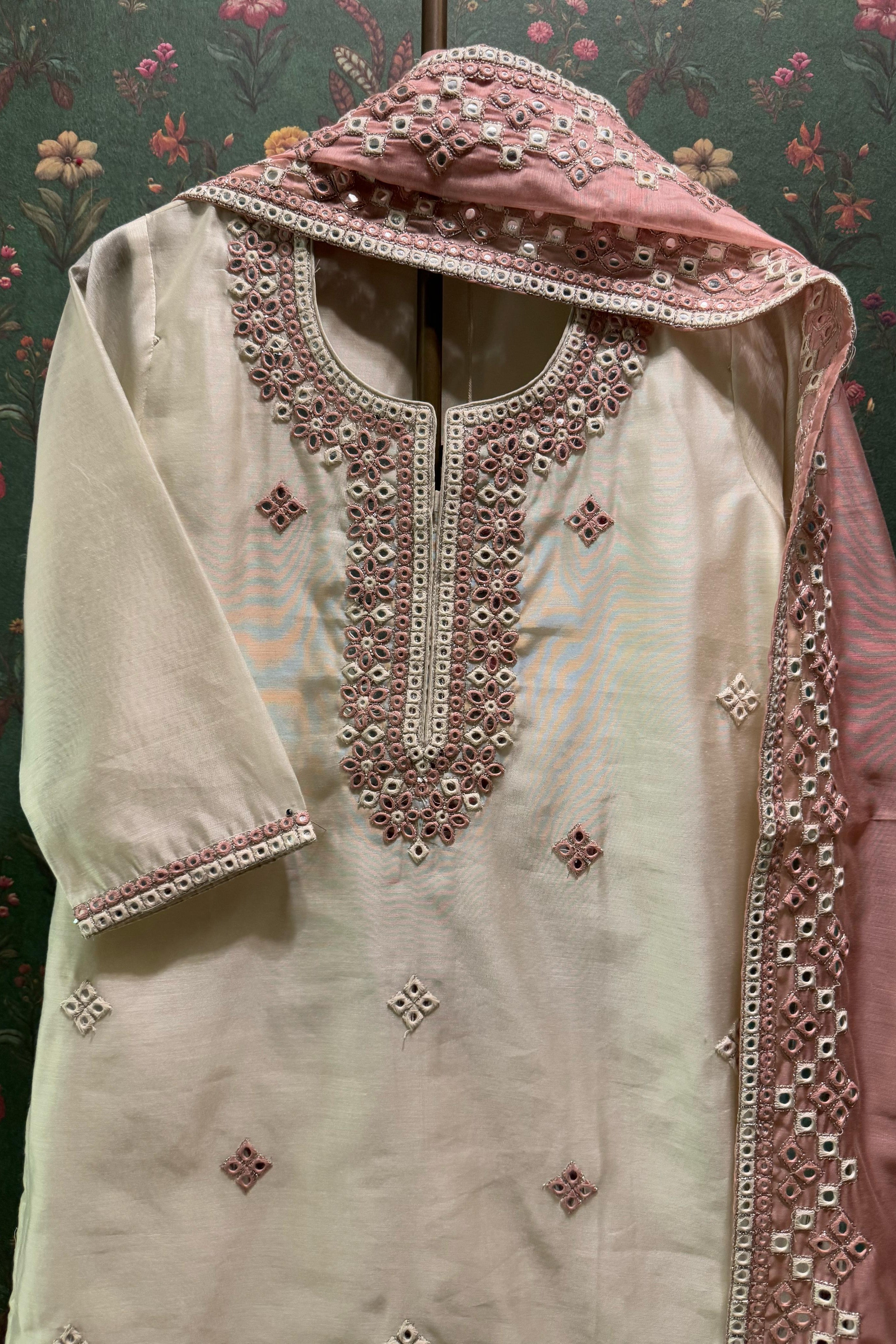 Ivory Chanderi Suit Set with Mirror Work | HER-409