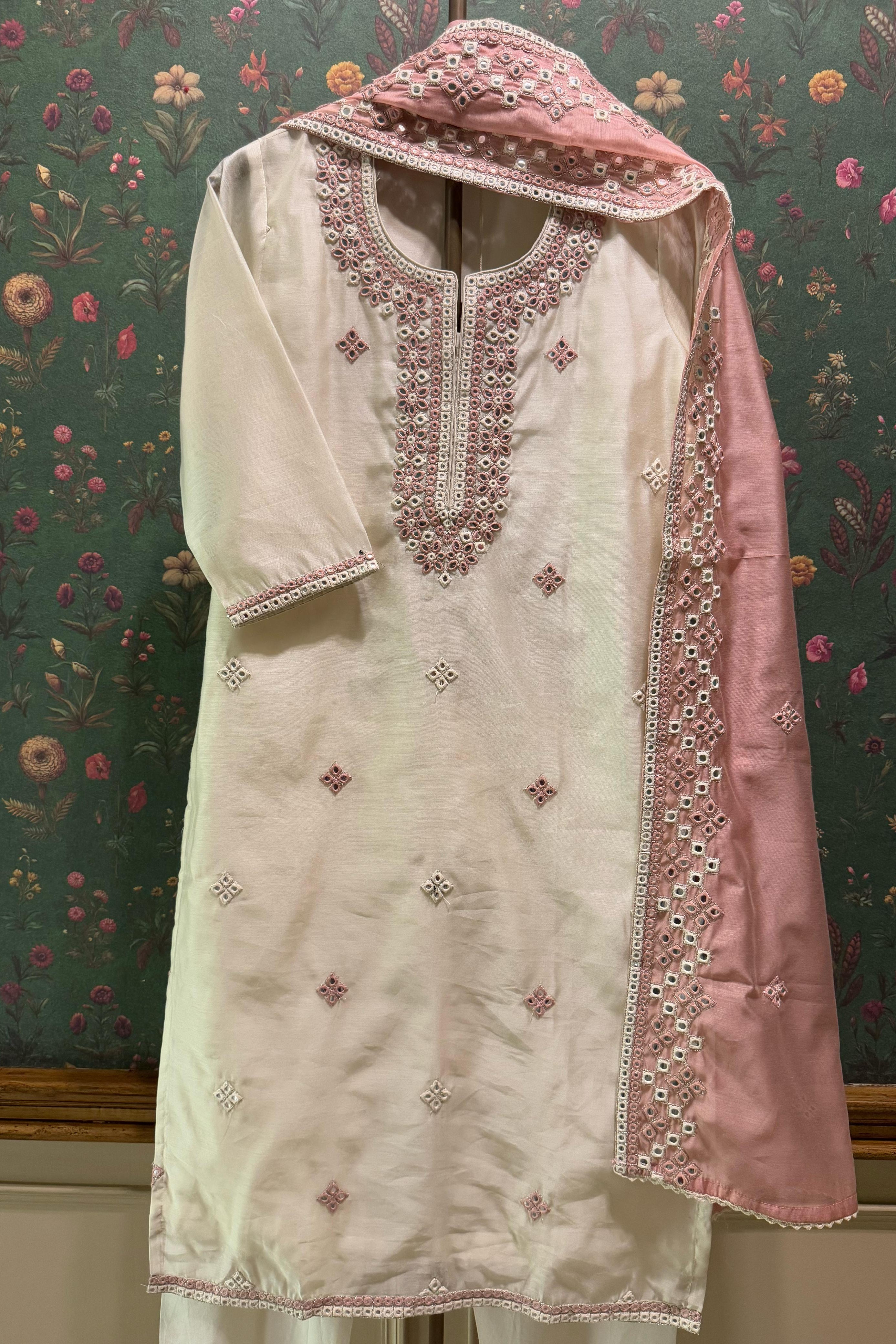 Ivory Chanderi Suit Set with Mirror Work | HER-409