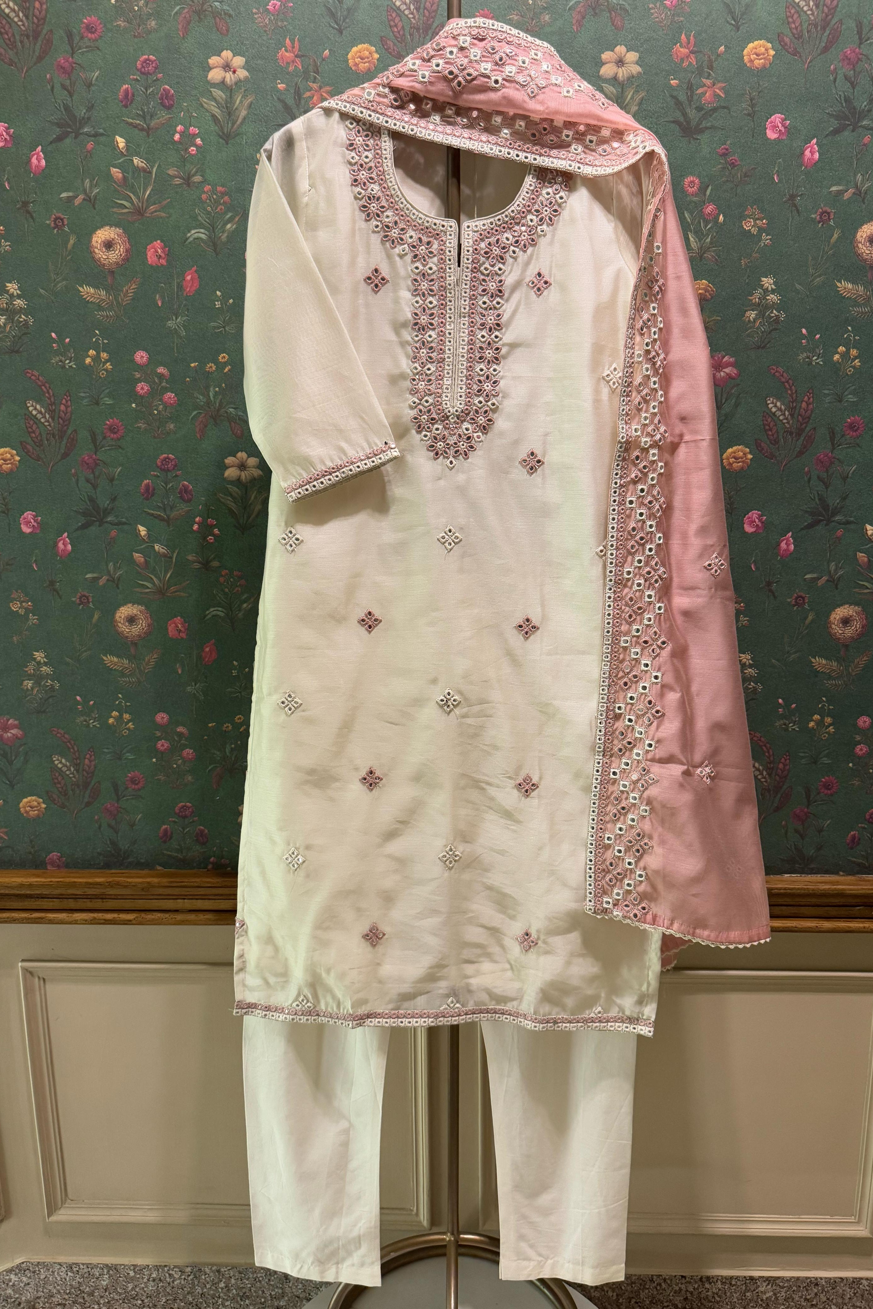 Ivory Chanderi Suit Set with Mirror Work | HER-409
