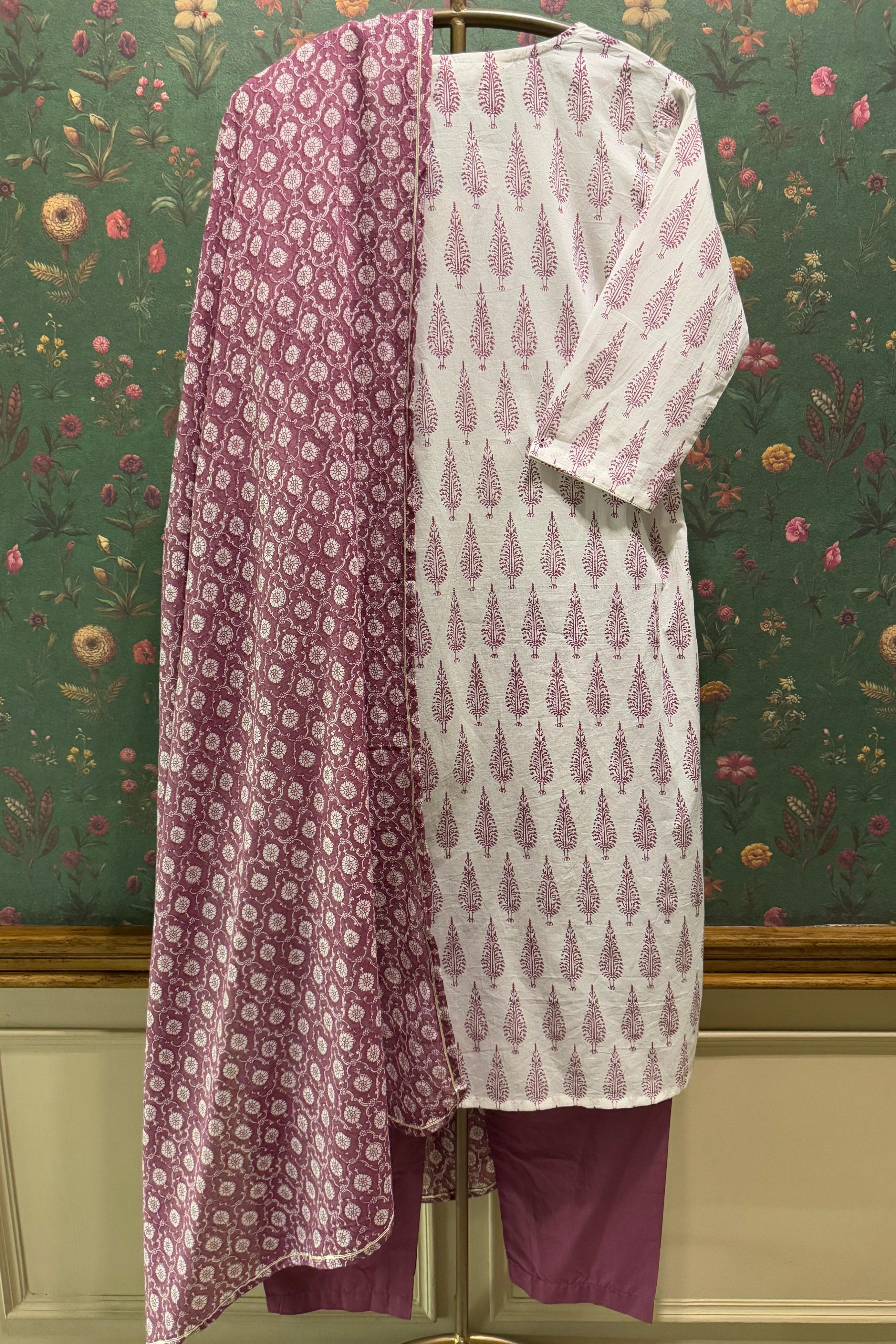Purple Motifs Handblock Cotton Suit Set
