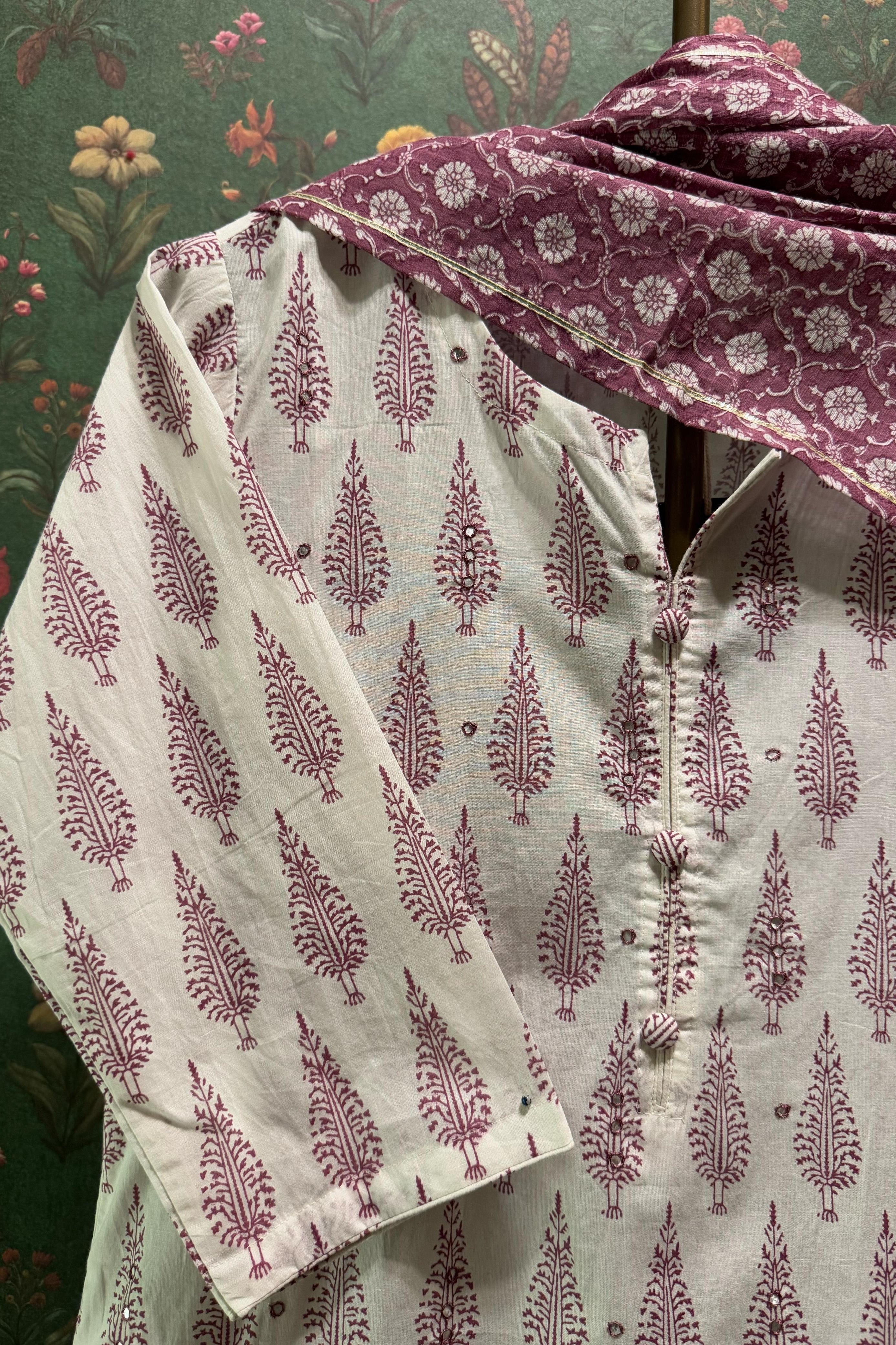 Purple Motifs Handblock Cotton Suit Set