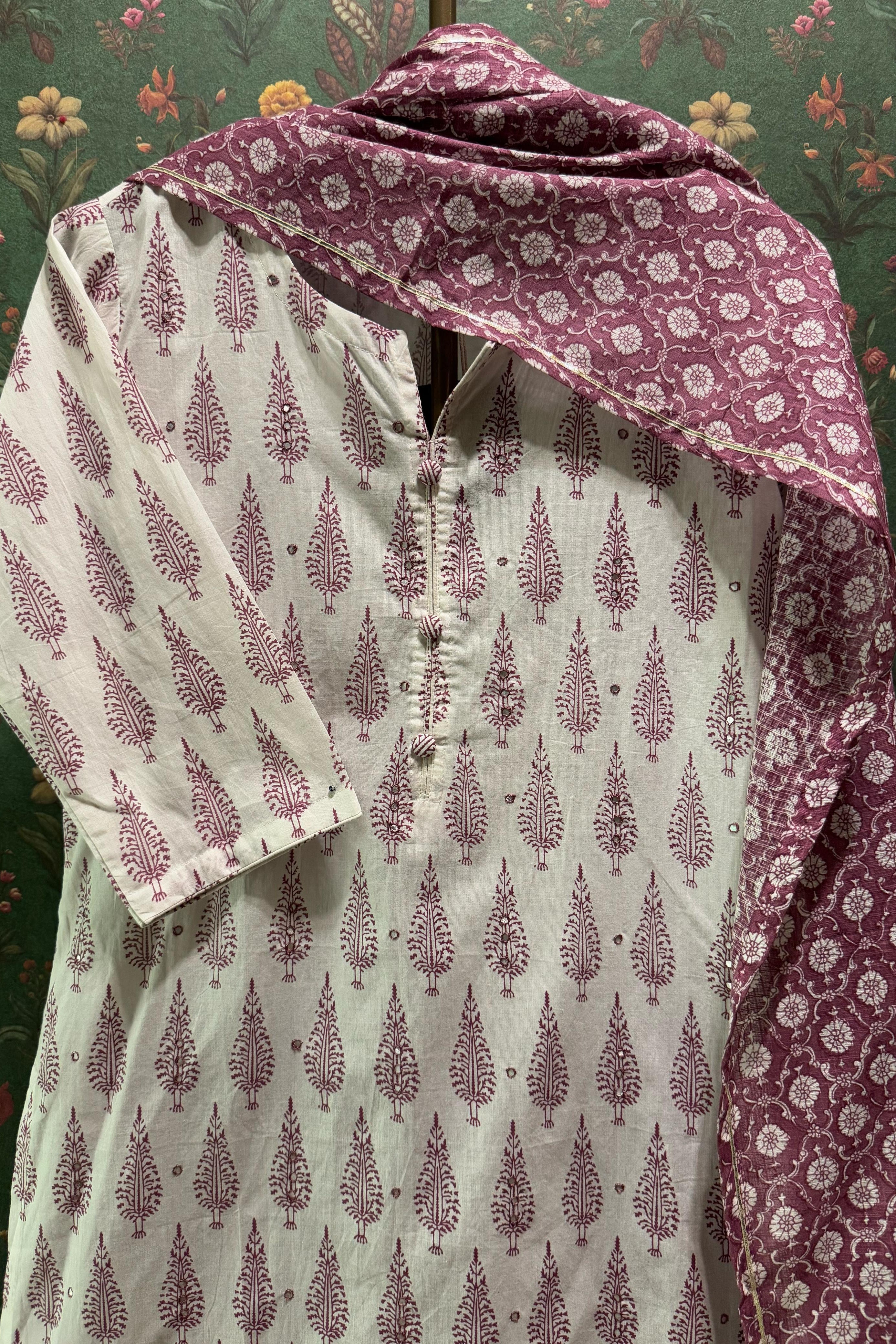 Purple Motifs Handblock Cotton Suit Set