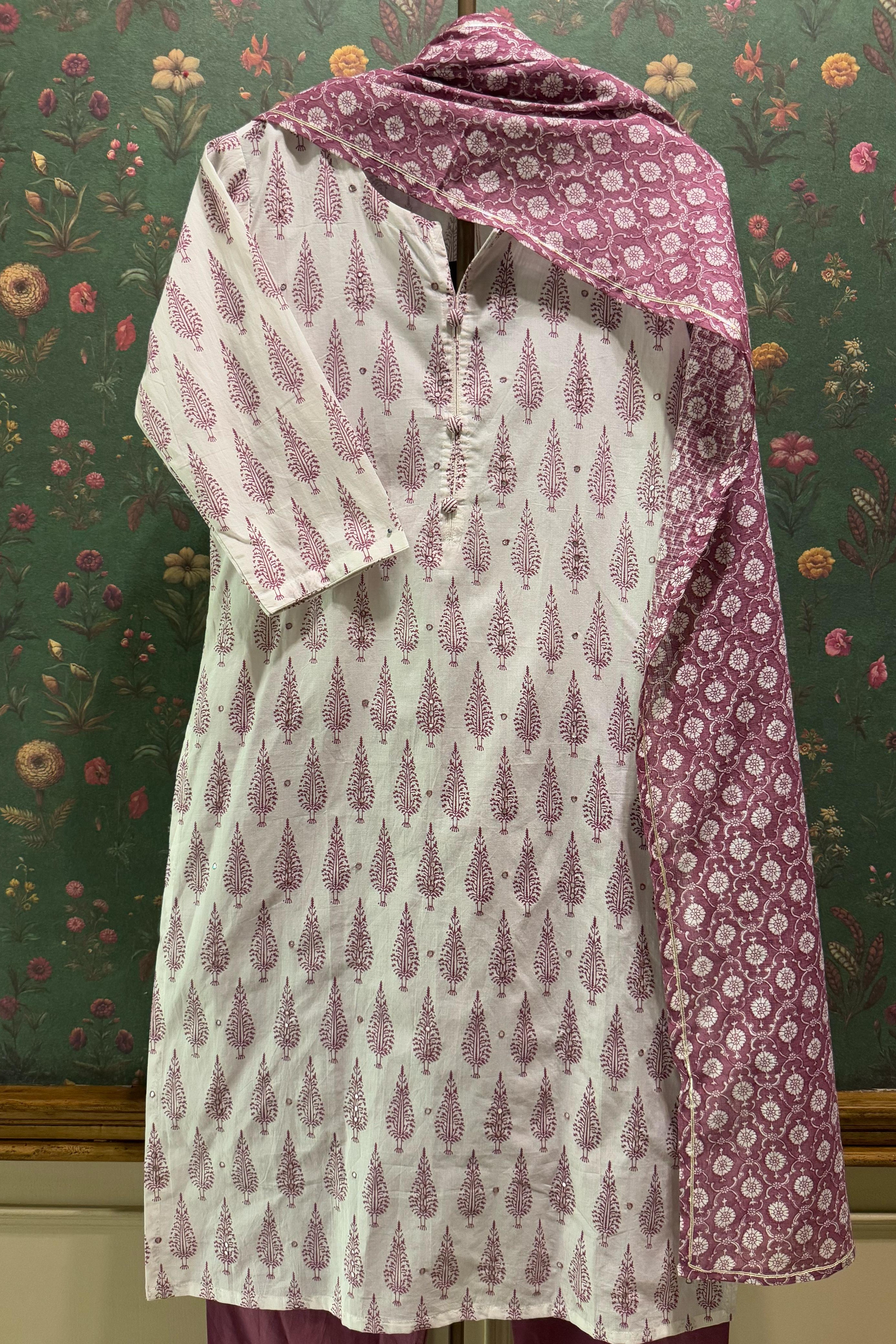 Purple Motifs Handblock Cotton Suit Set