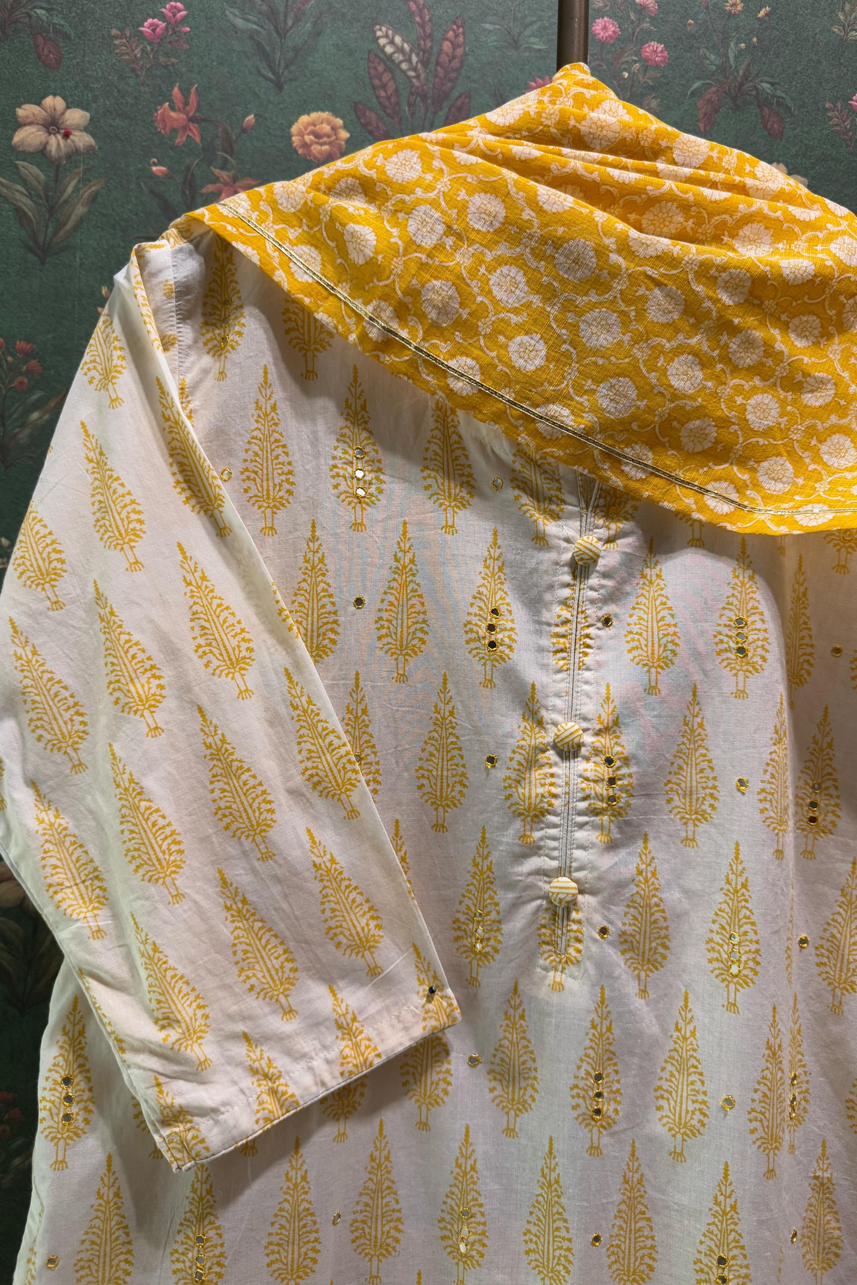 Yellow Motifs Handblock Cotton Suit Set