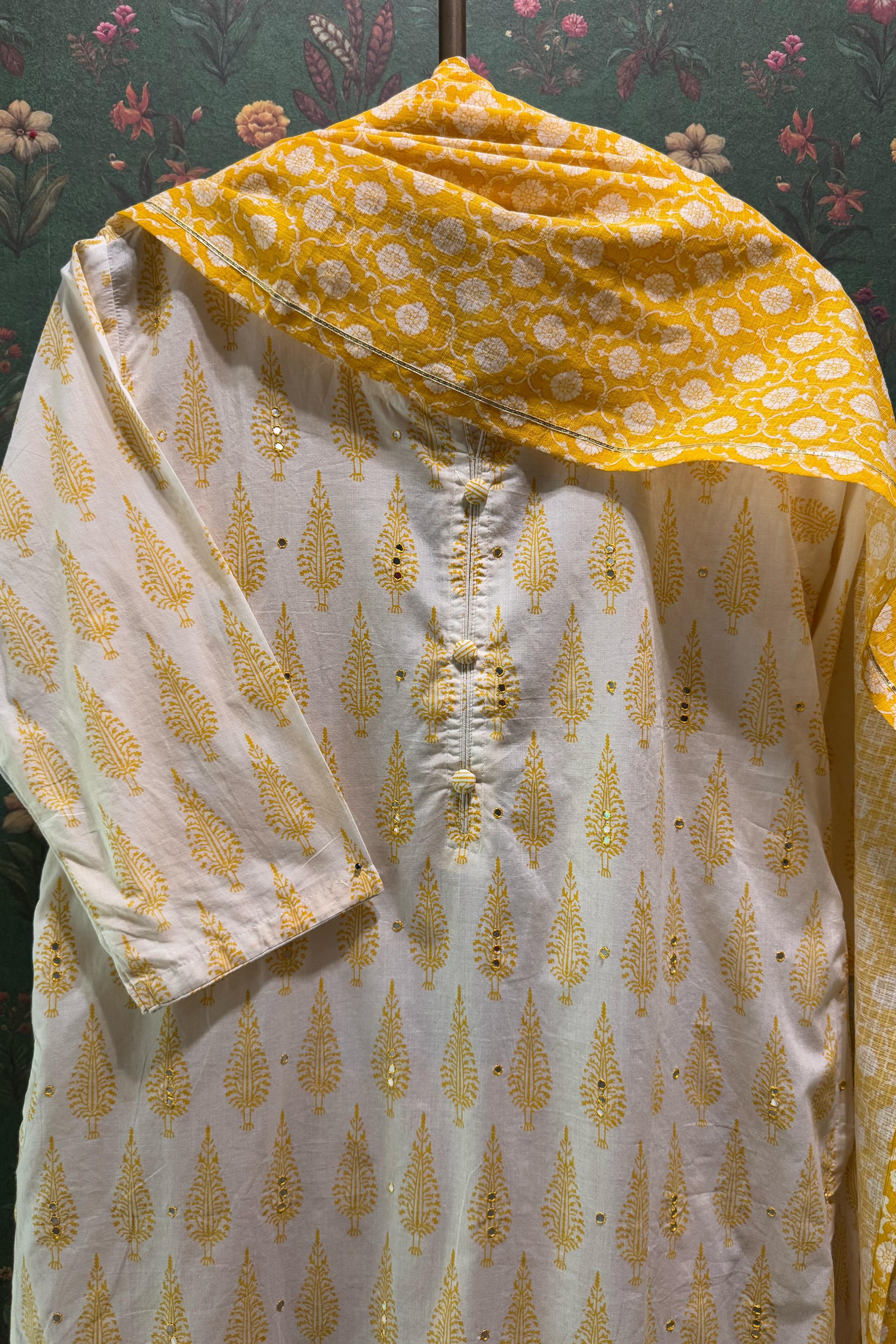 Yellow Motifs Handblock Cotton Suit Set