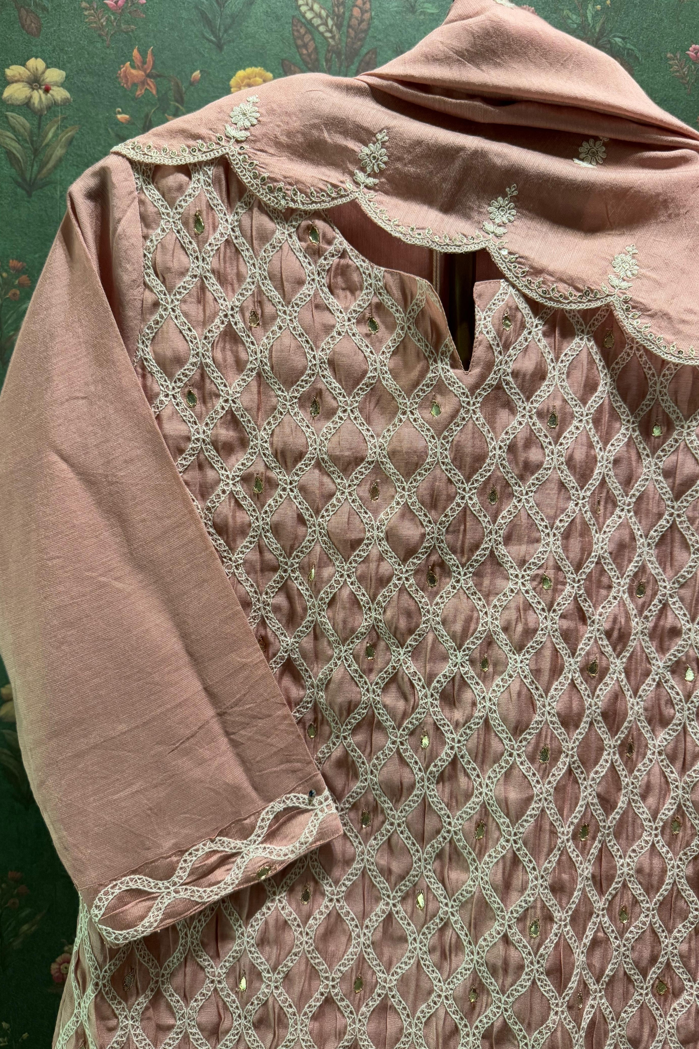 Millennial Pink Chanderi Suit Set with Lattice Embroidery | HER-392