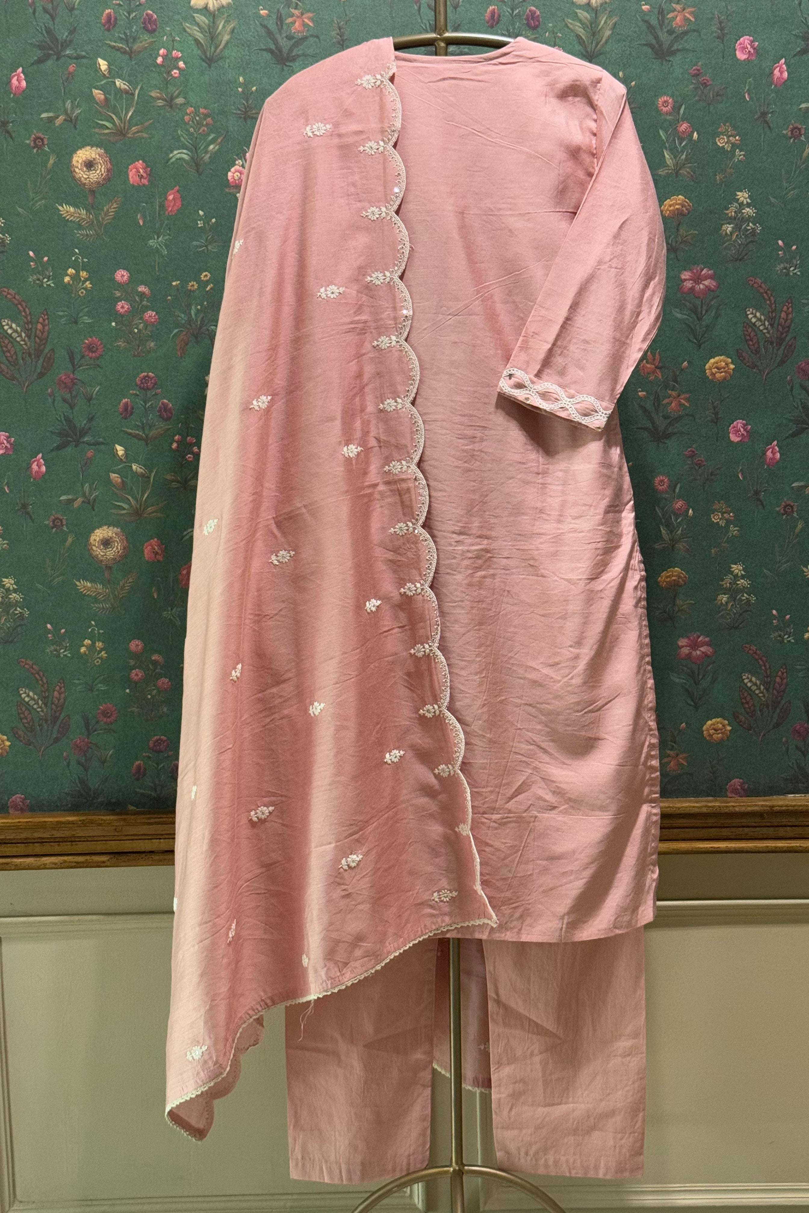 Millennial Pink Chanderi Suit Set with Lattice Embroidery | HER-392