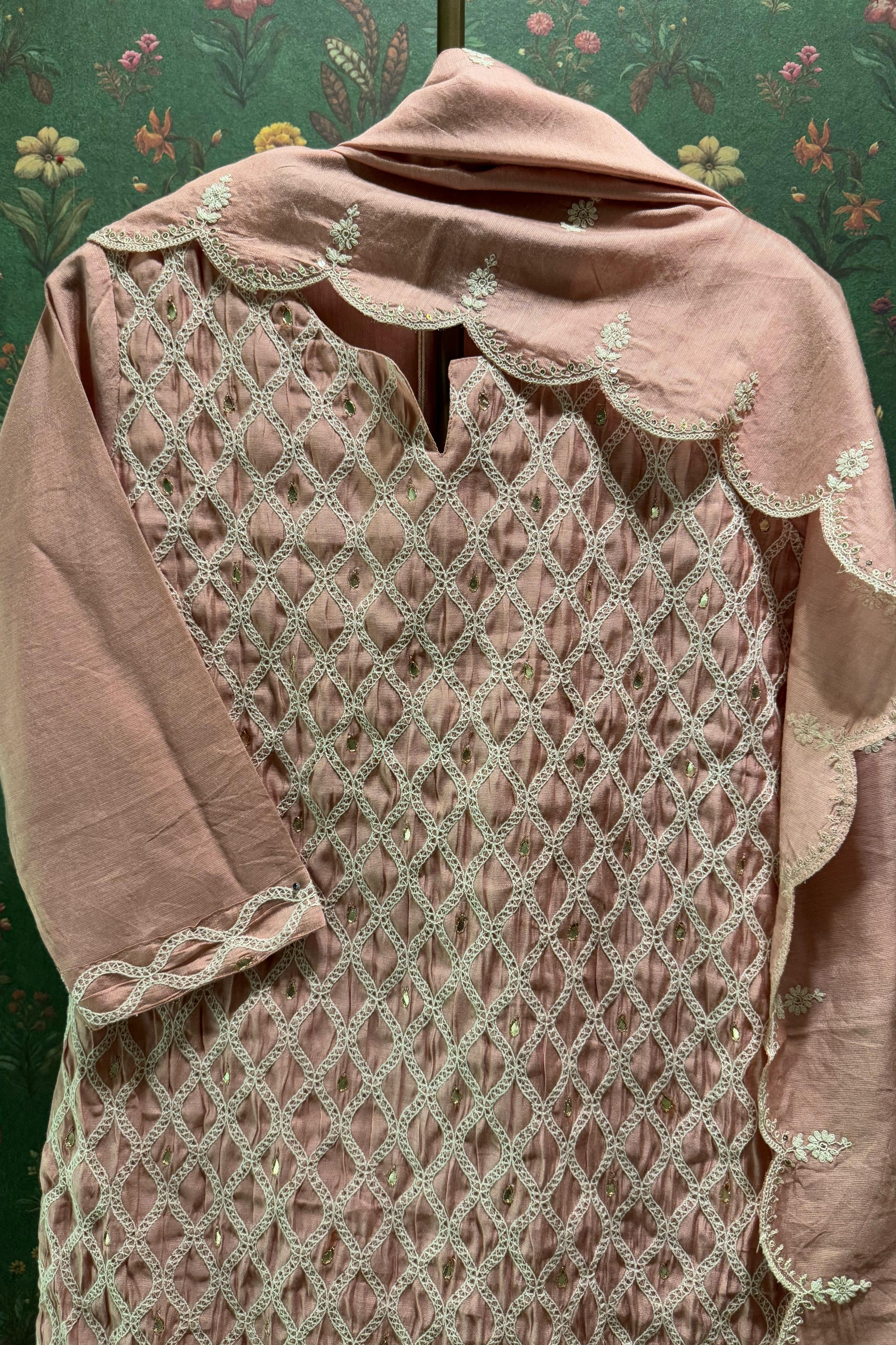 Millennial Pink Chanderi Suit Set with Lattice Embroidery | HER-392