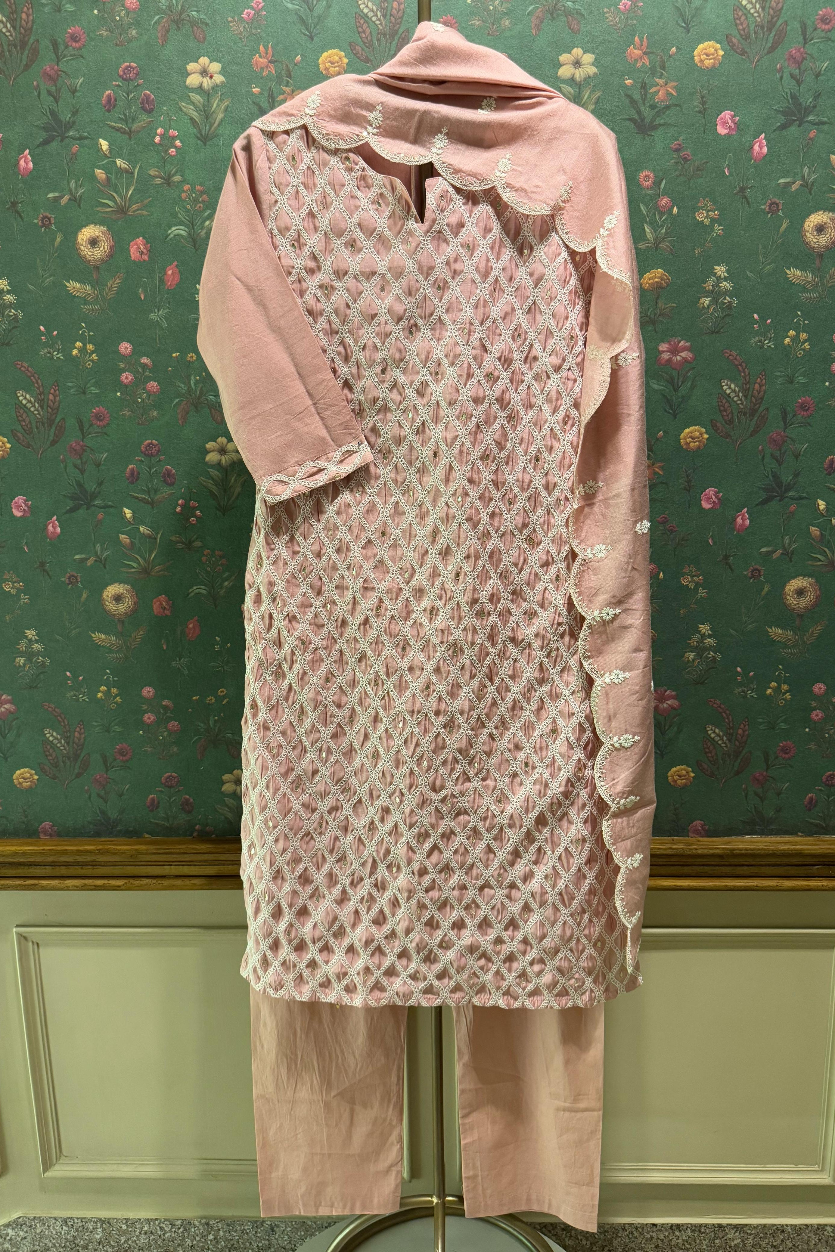 Millennial Pink Chanderi Suit Set with Lattice Embroidery | HER-392