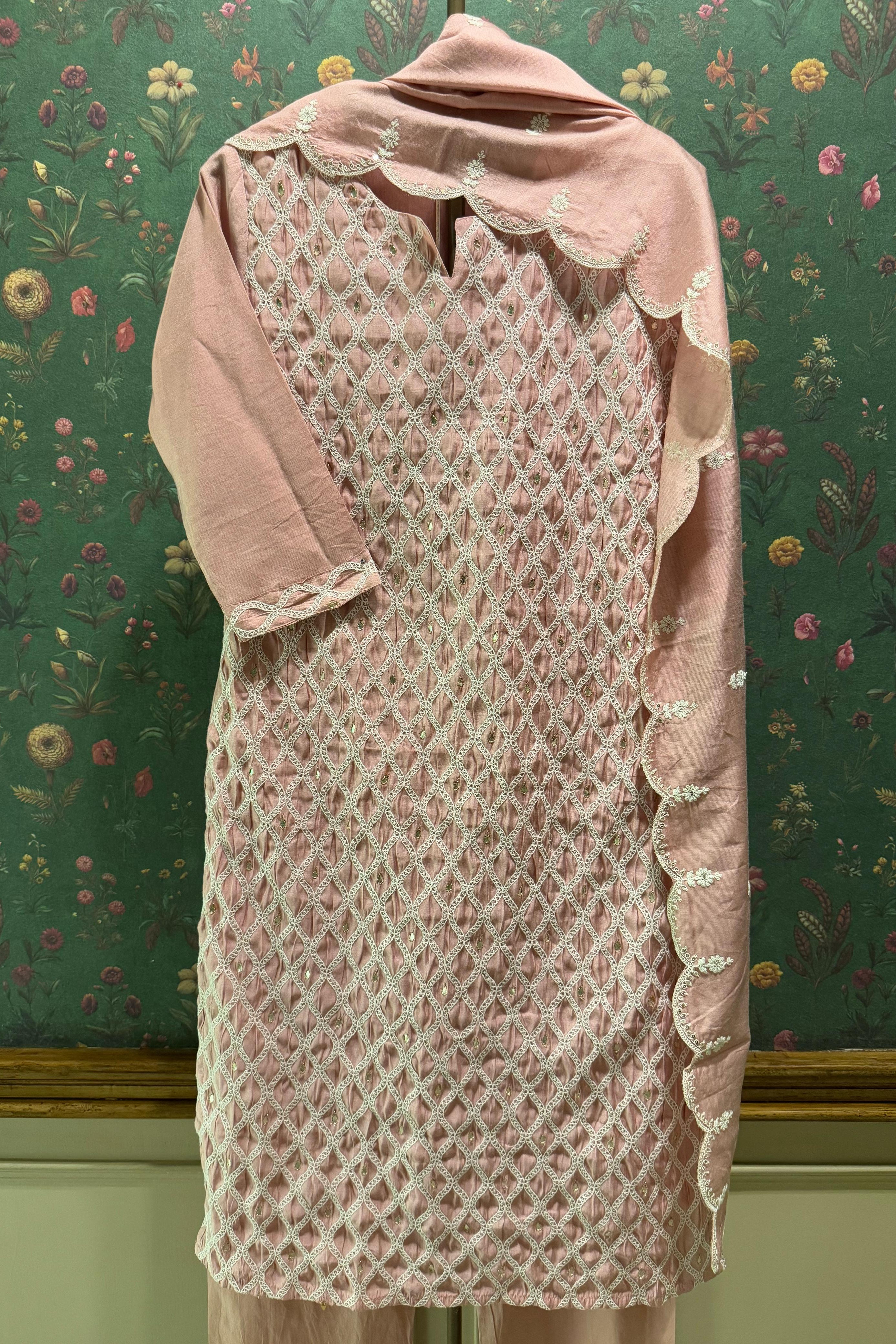 Millennial Pink Chanderi Suit Set with Lattice Embroidery | HER-392