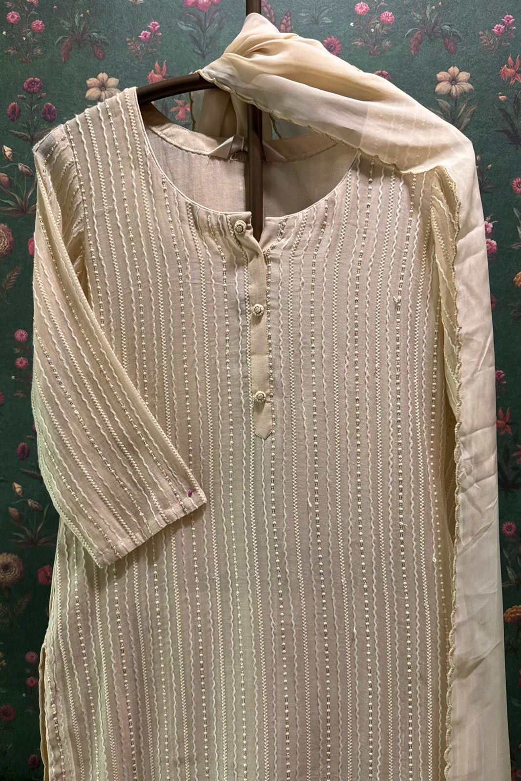 Beige Embroidered Mul Chanderi Suit Set | HER-285