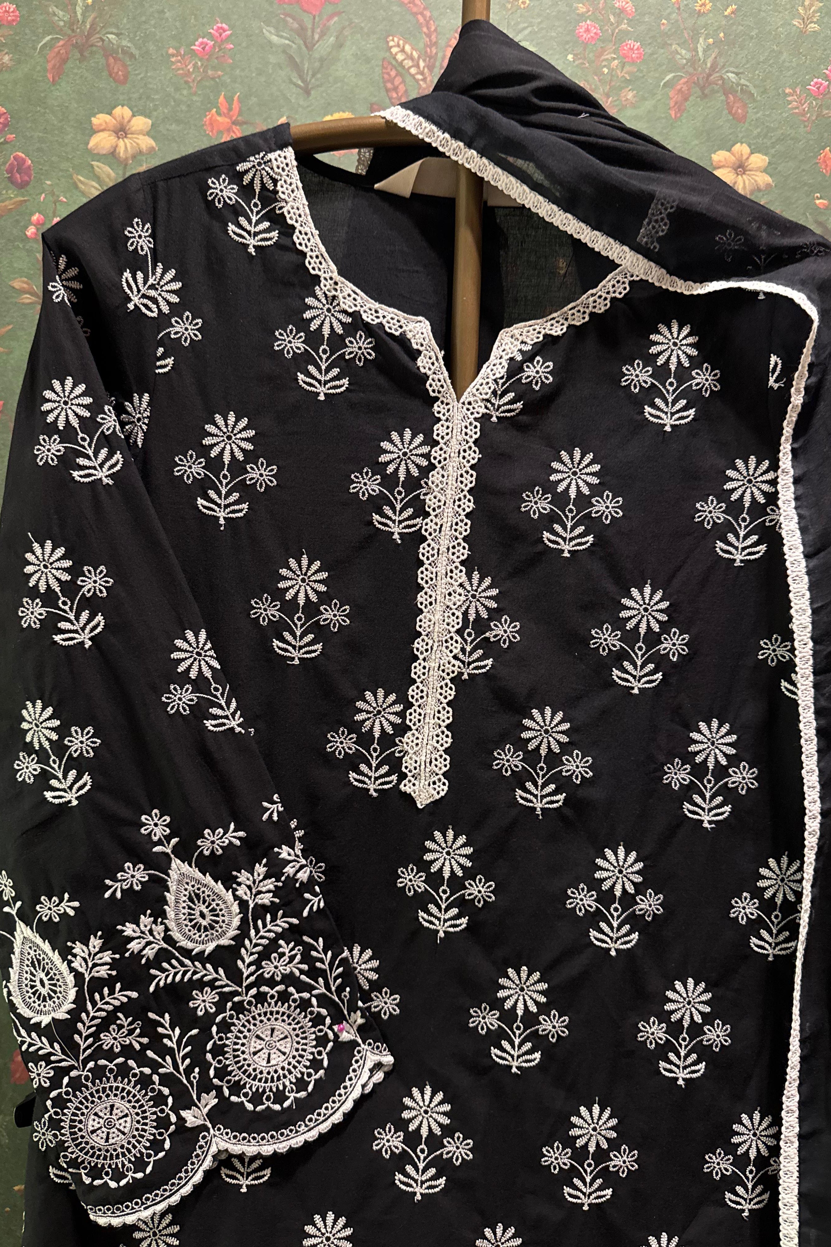 Noir Black Cotton Embroidered Suit Set | HER-353