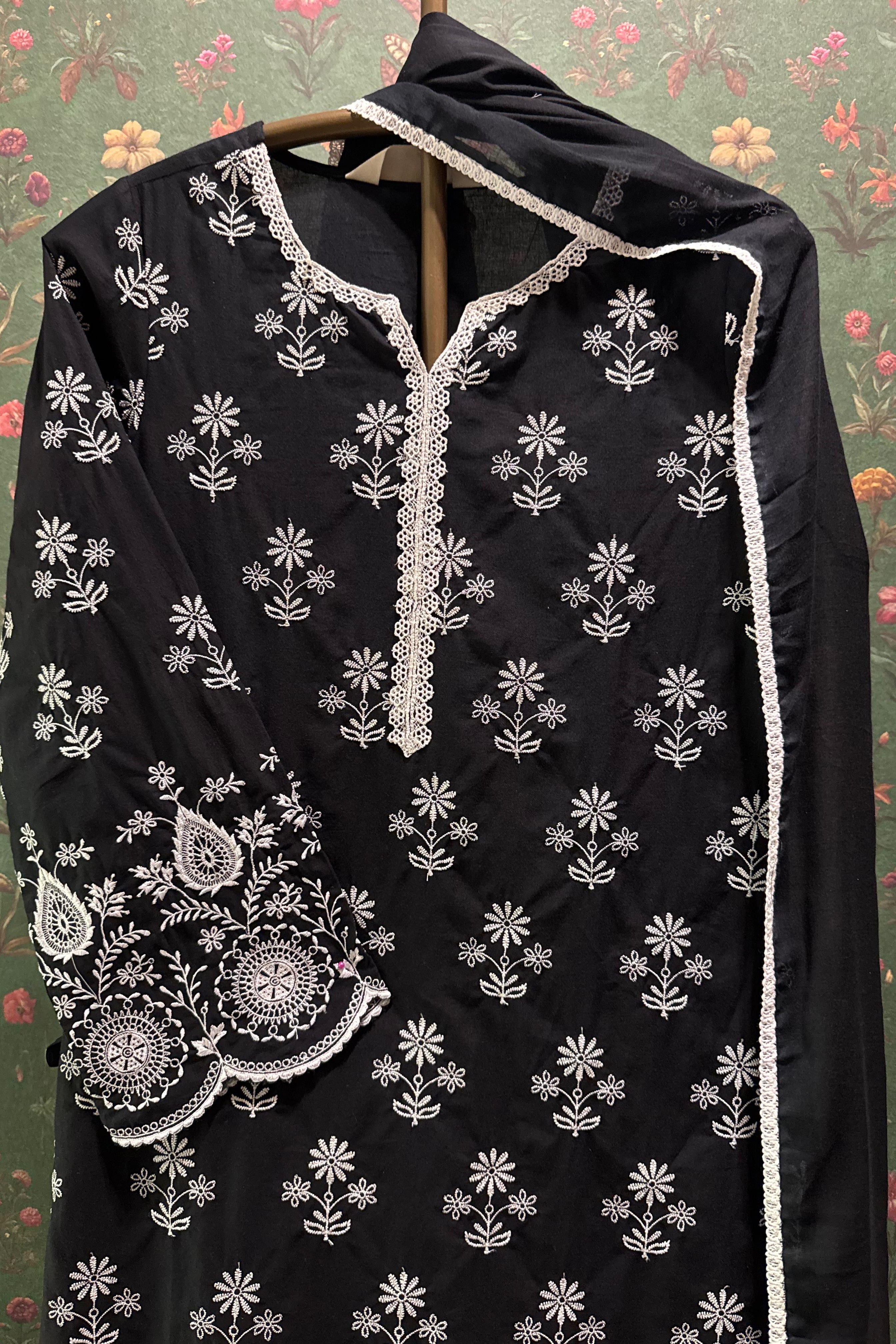 Noir Black Cotton Embroidered Suit Set | HER-353