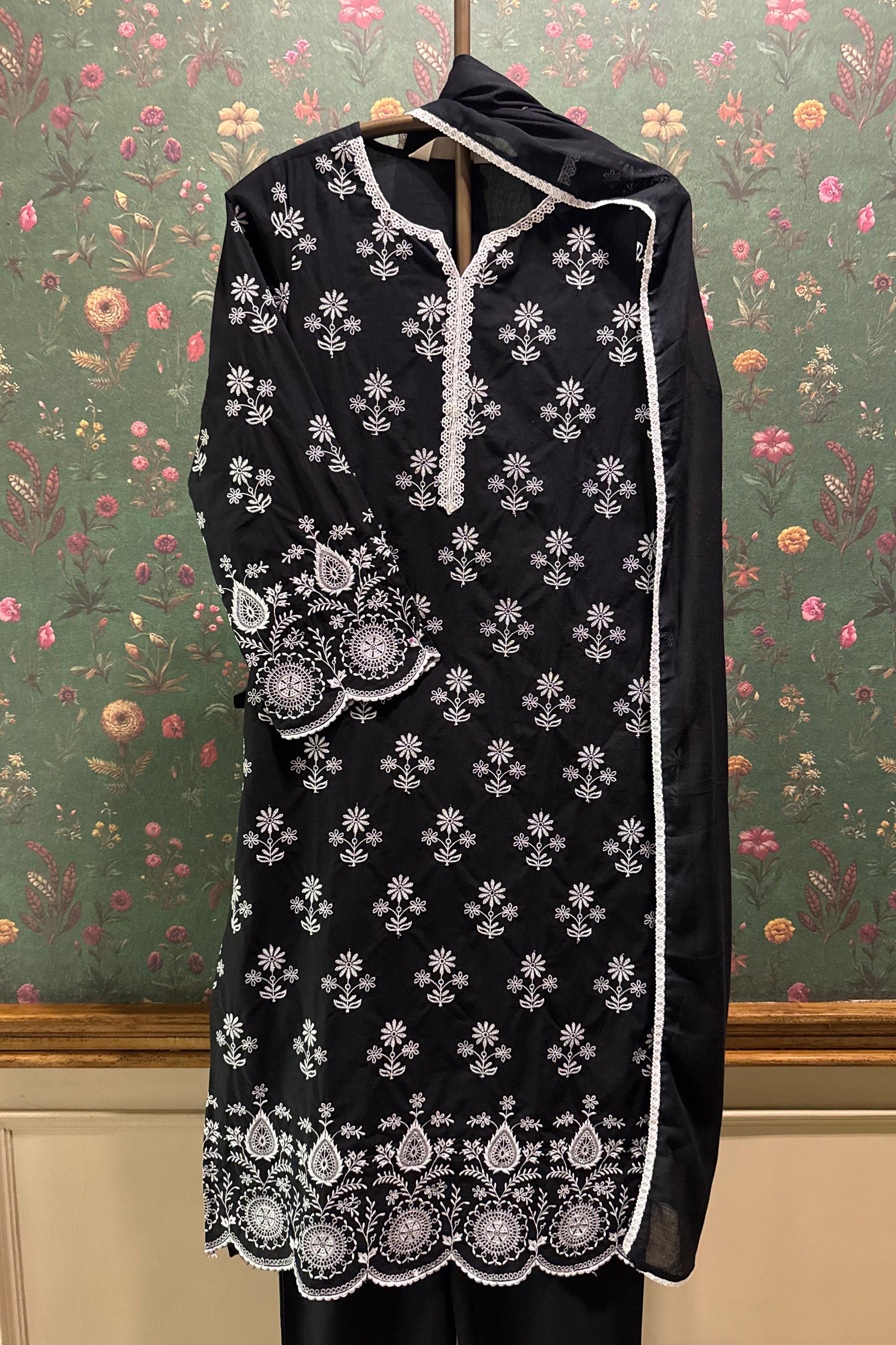 Noir Black Cotton Embroidered Suit Set | HER-353