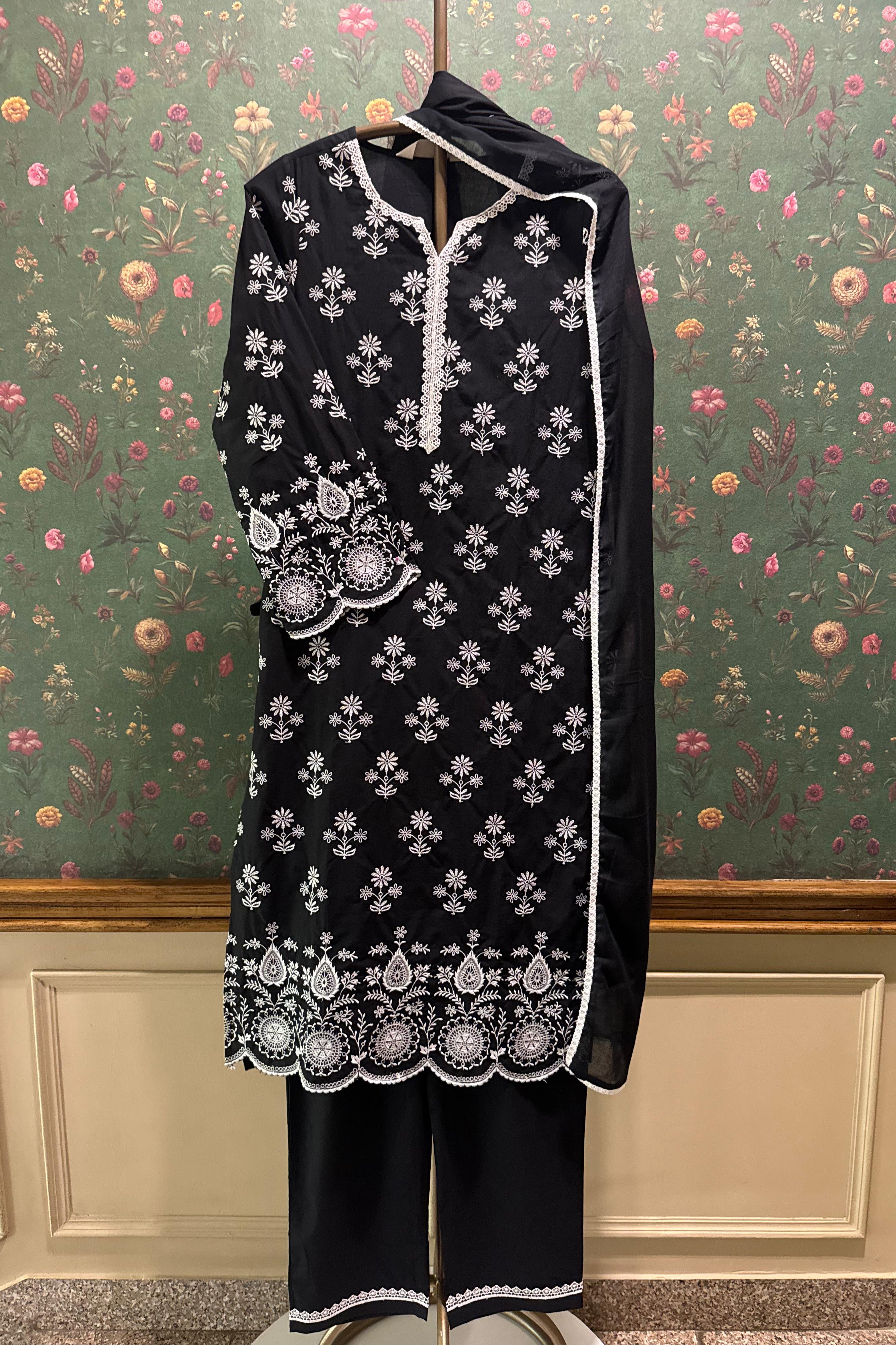 Noir Black Cotton Embroidered Suit Set | HER-353