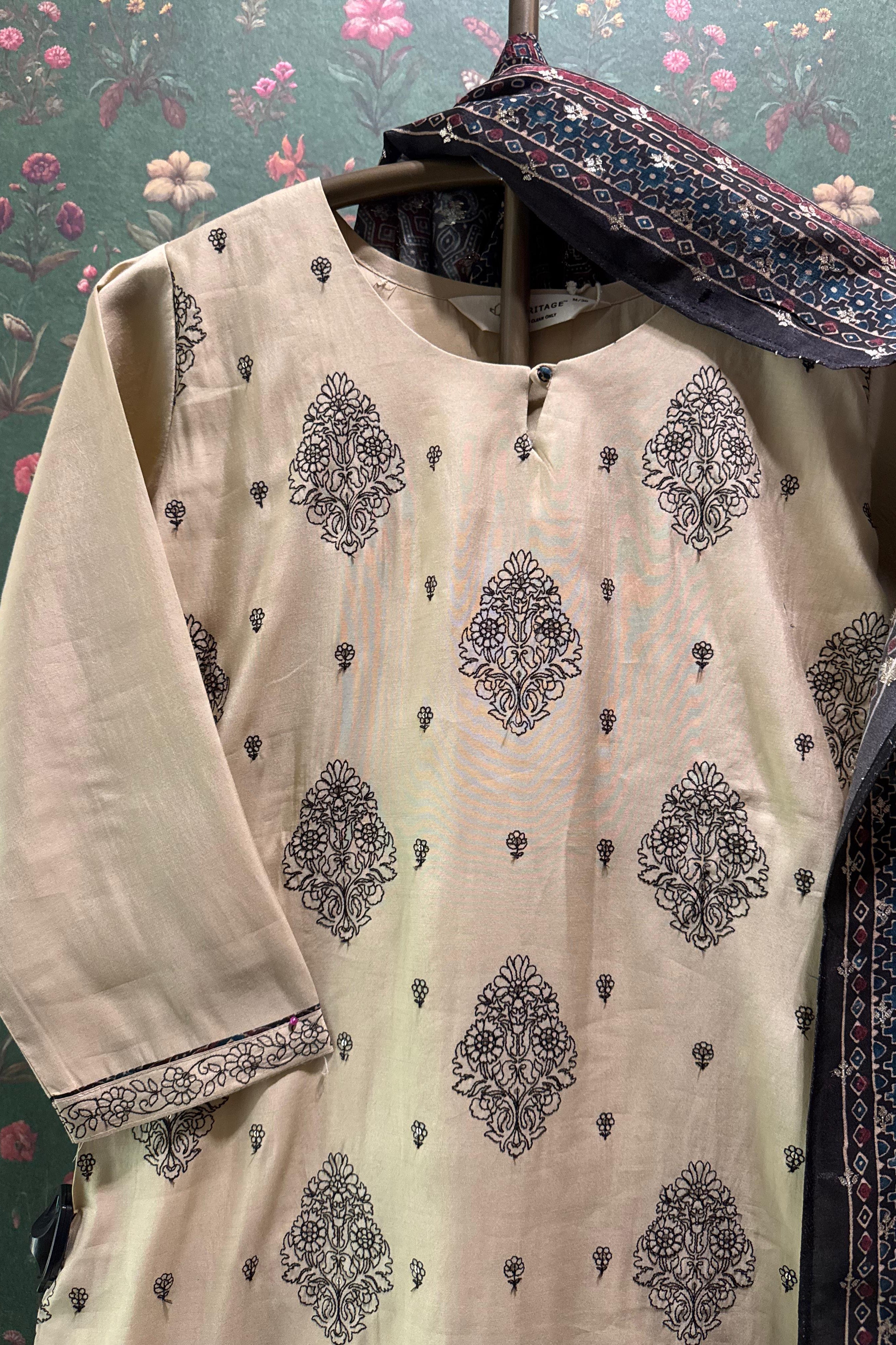 Beige Chanderi-Silk Suit Set (with Ajrak Dupatta)