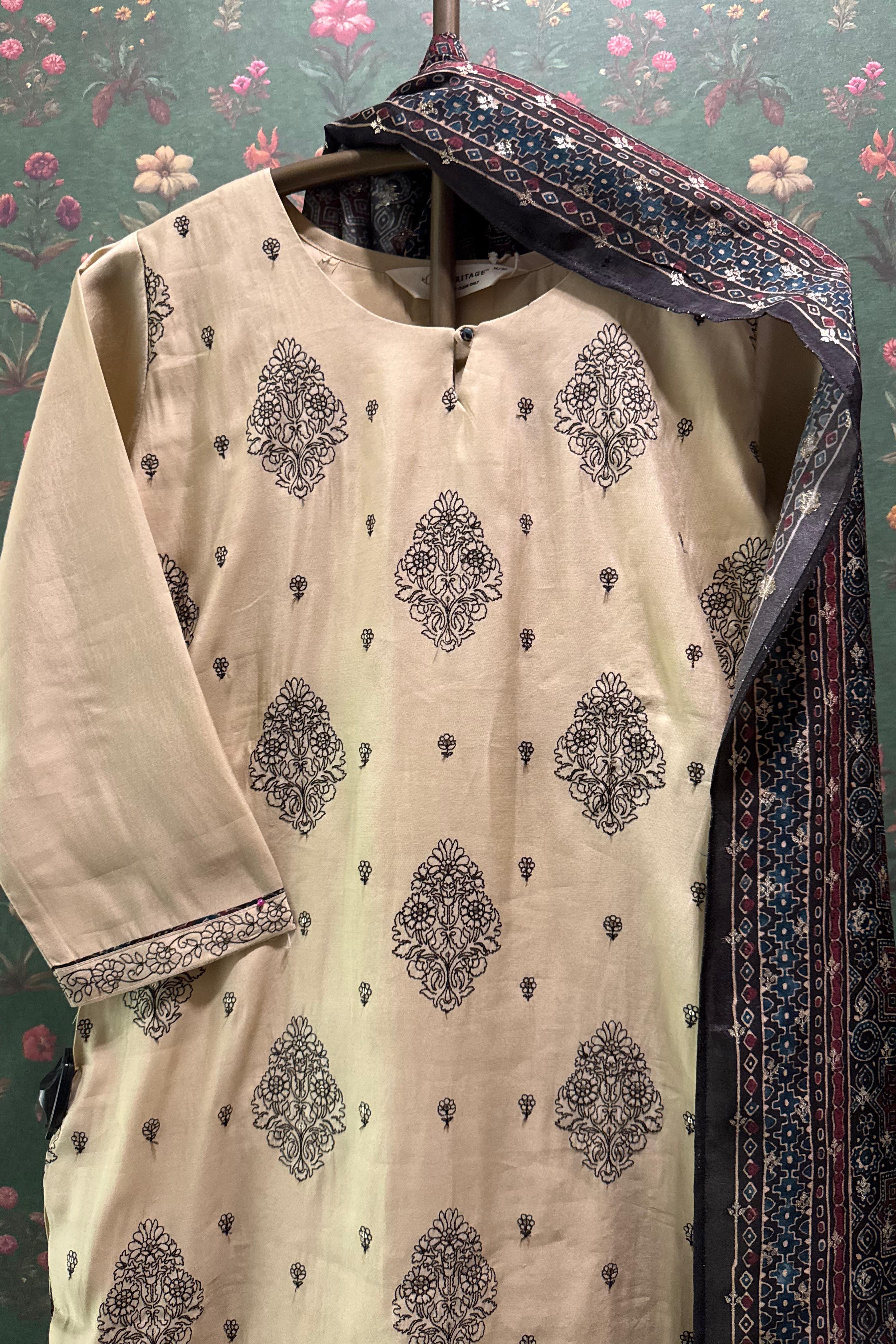 Beige Chanderi-Silk Suit Set,Ajrak Dupatta | HER-337