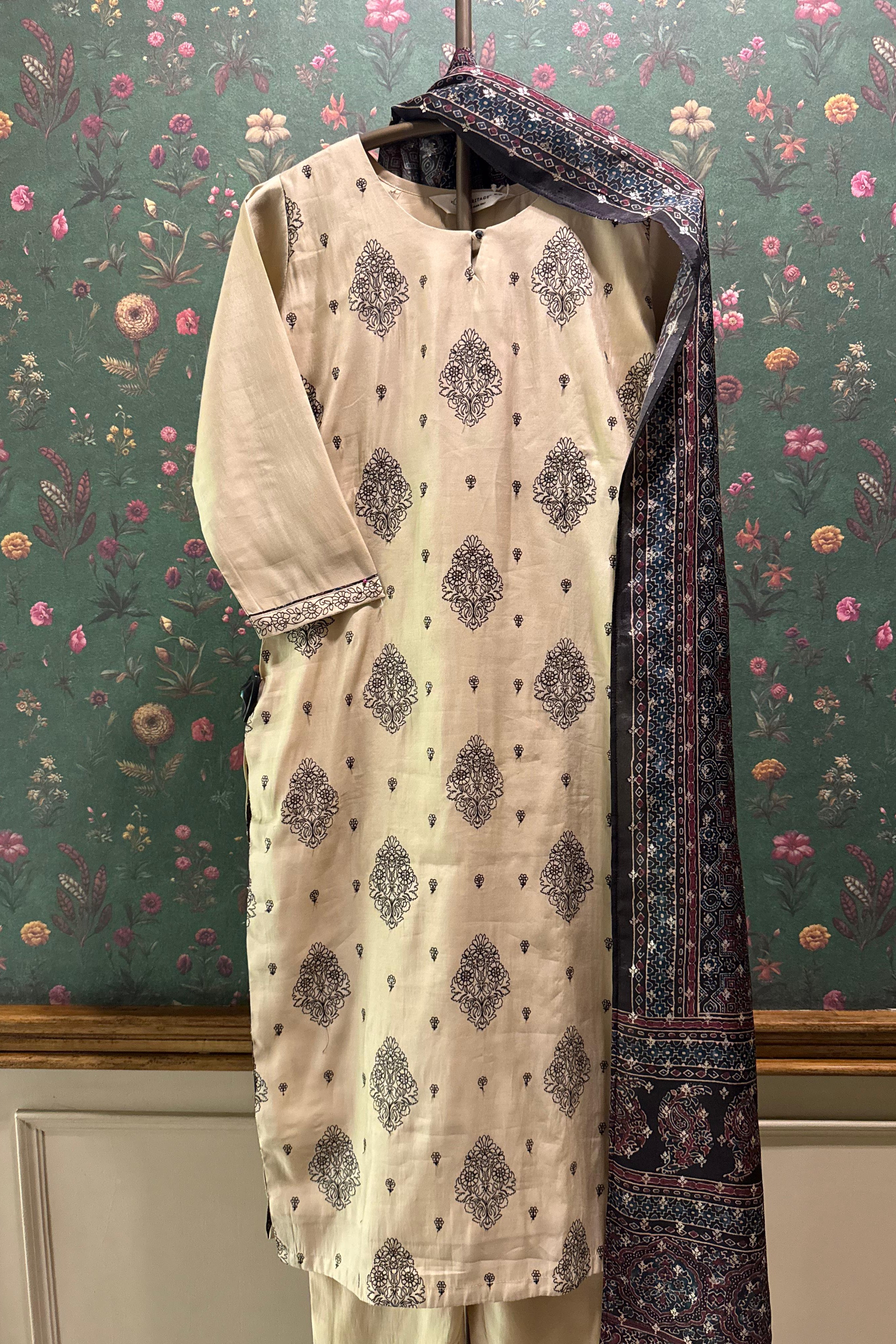 Beige Chanderi-Silk Suit Set (with Ajrak Dupatta)