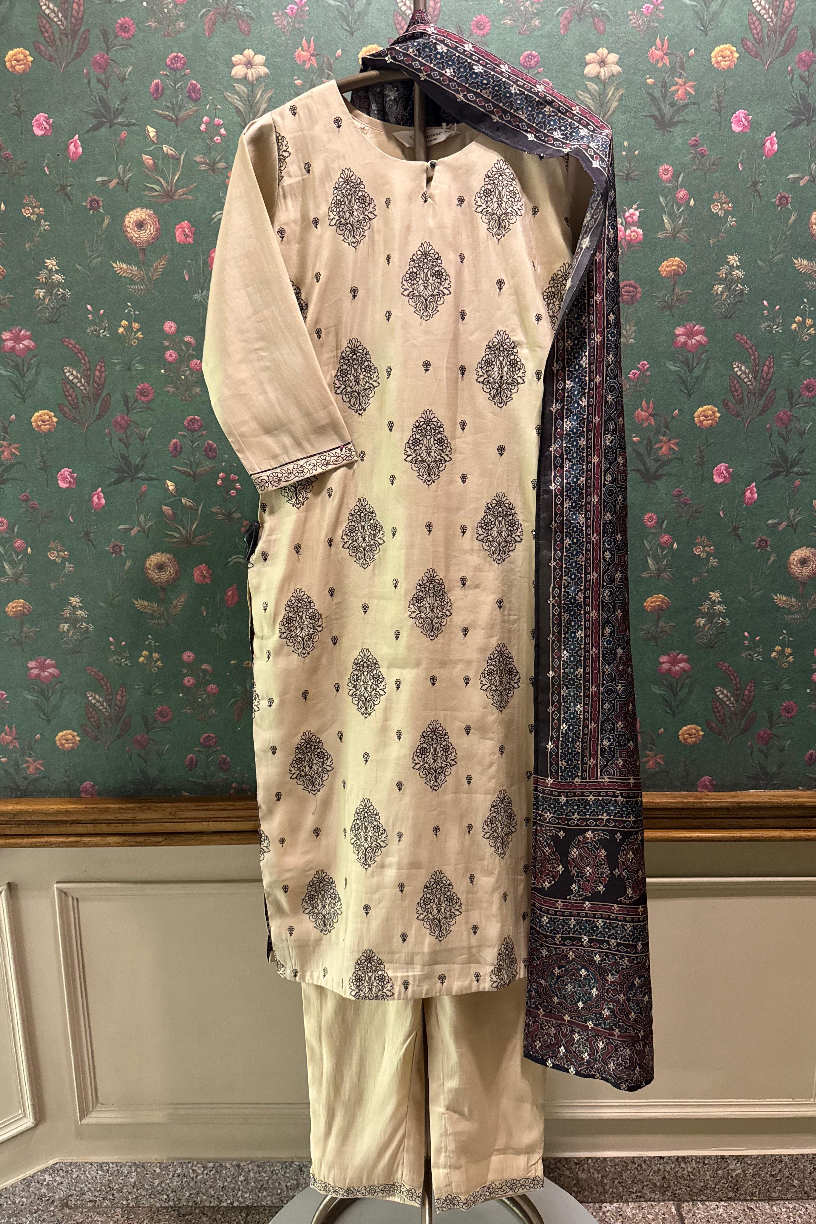 Beige Chanderi-Silk Suit Set,Ajrak Dupatta | HER-337