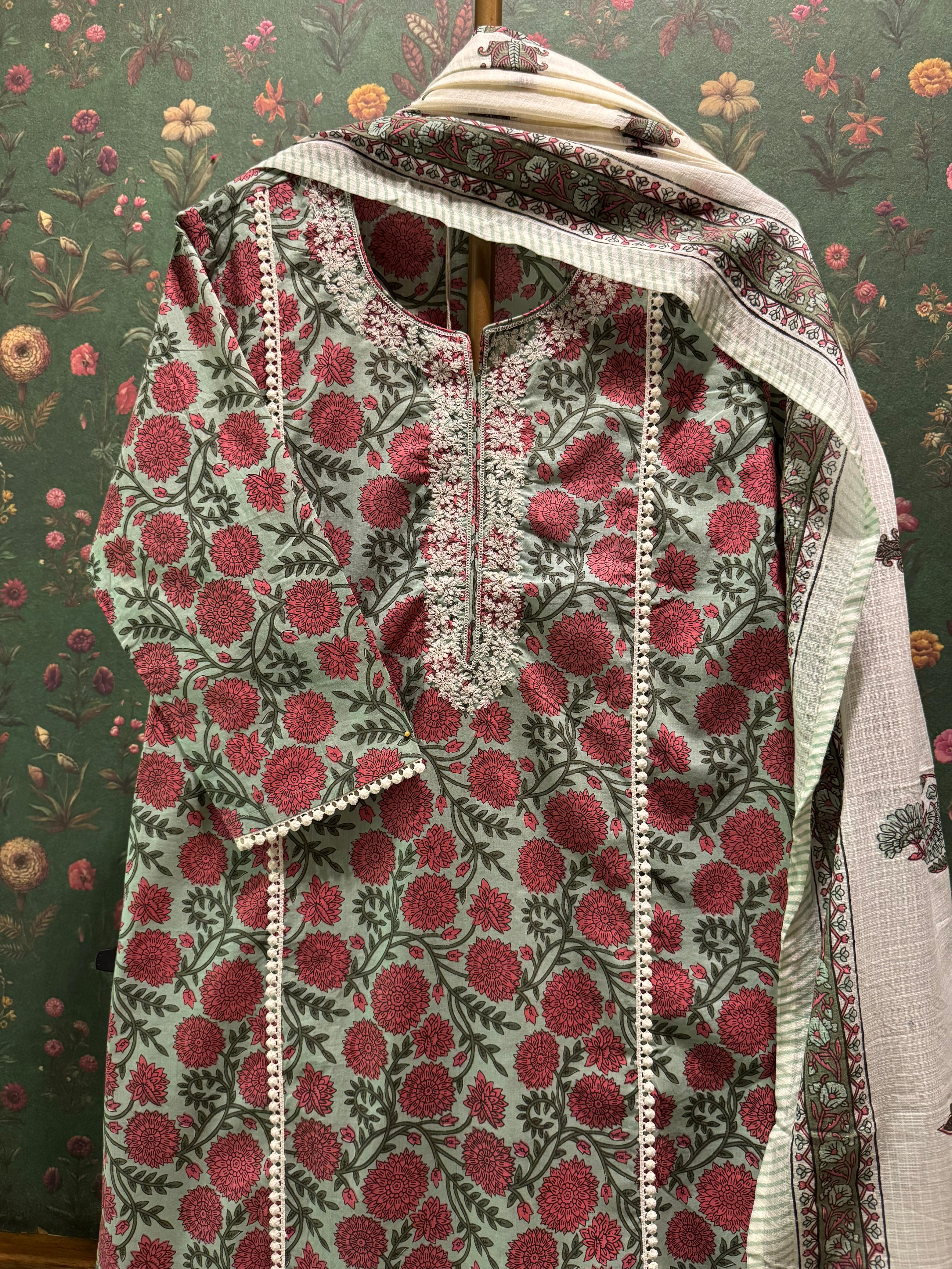 Pistachio Green Floral Cotton Suit Set with Kota Doria Dupatta | HER-291