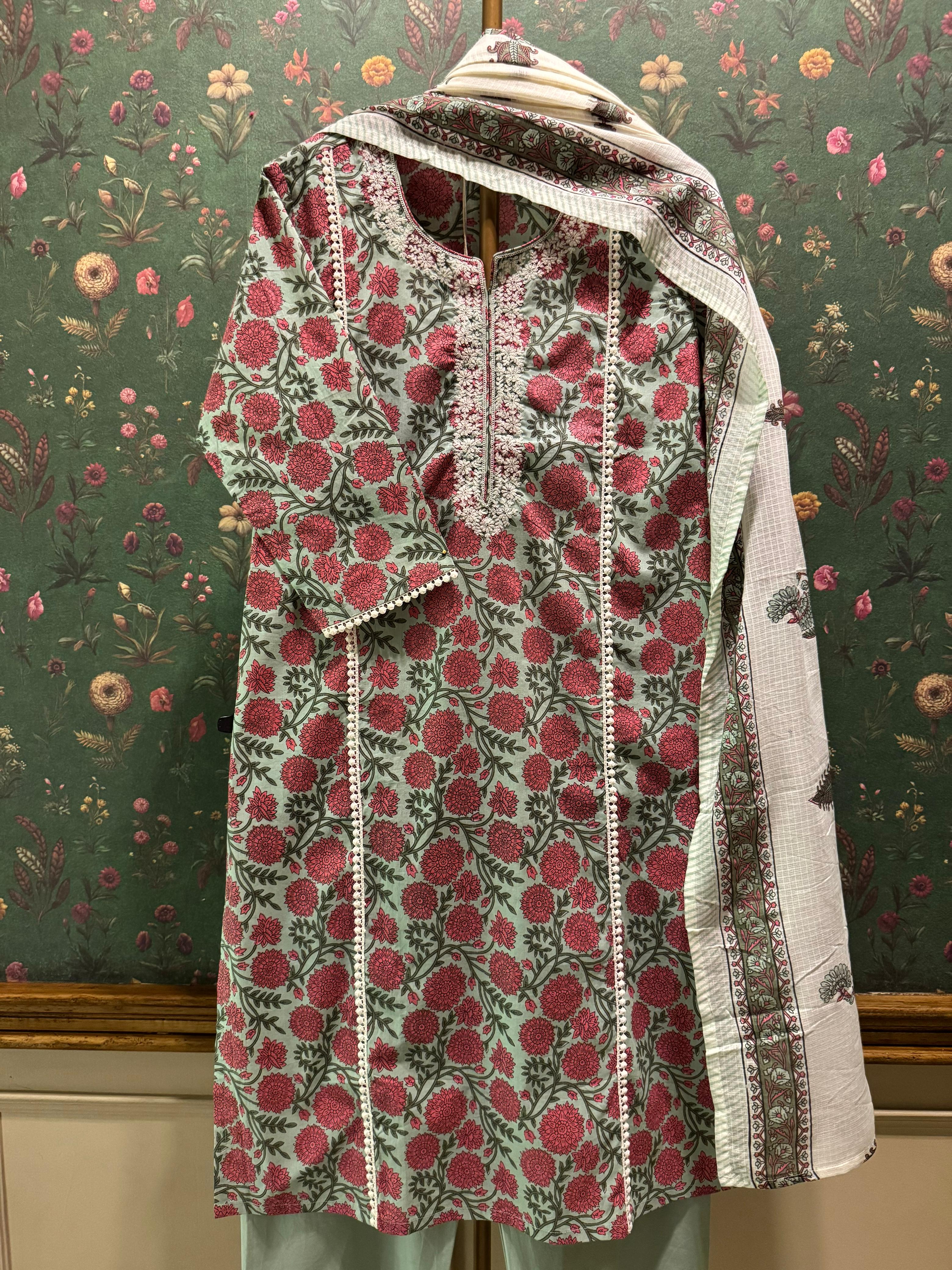 Pistachio Green Floral Cotton Suit Set with Kota Doria Dupatta | HER-291
