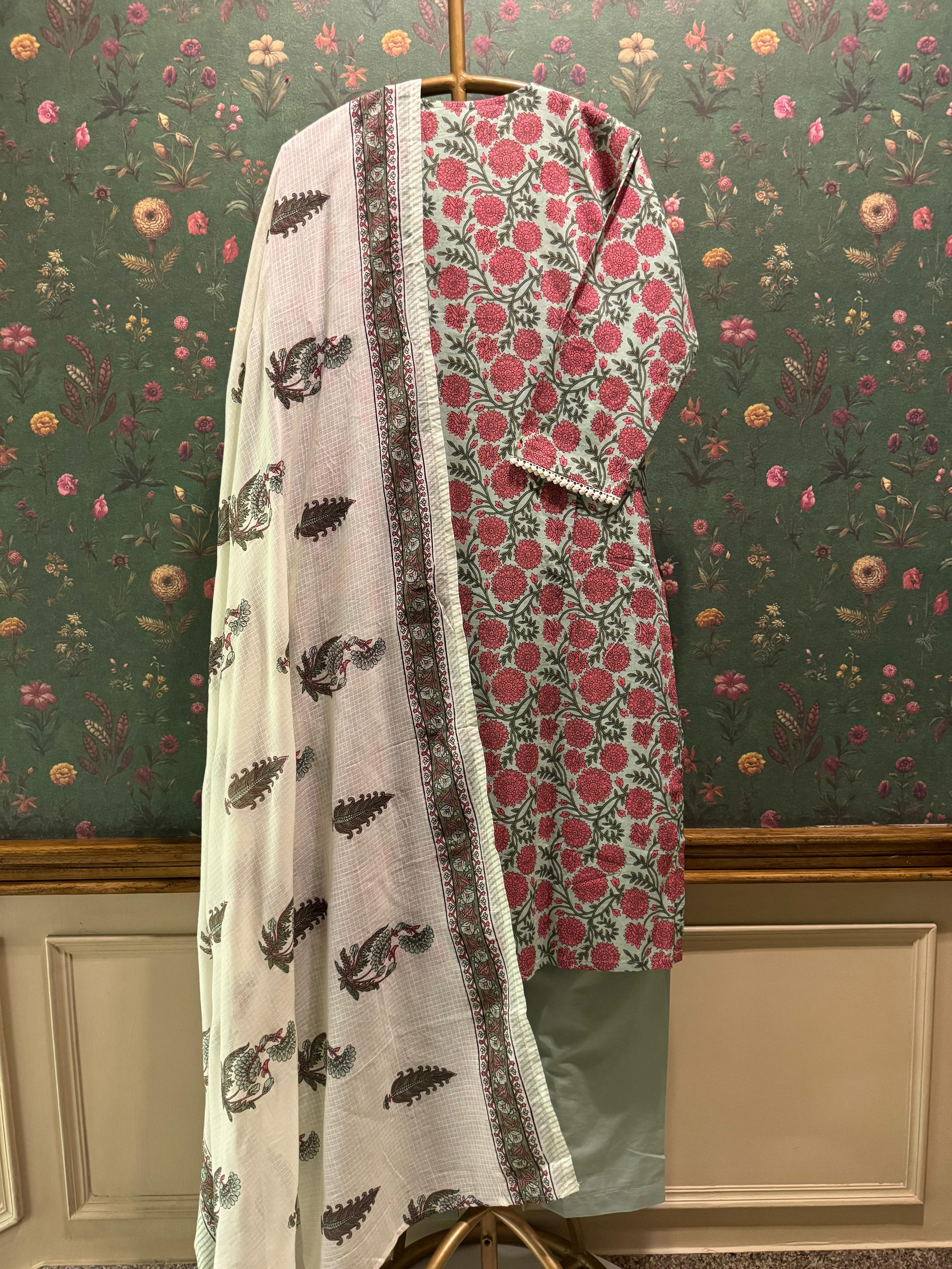 Pistachio Green Floral Cotton Suit Set with Kota Doria Dupatta | HER-291