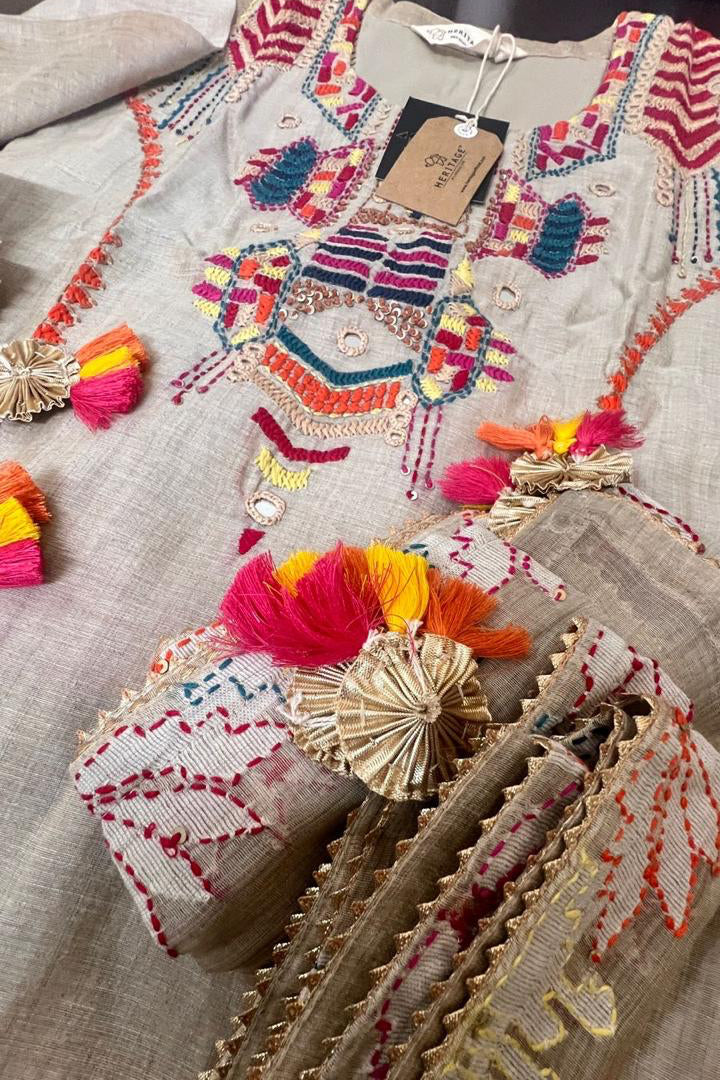 Noorani Multicolor A-Line Bamboo Silk Suit Set with Palazzo | HER-447