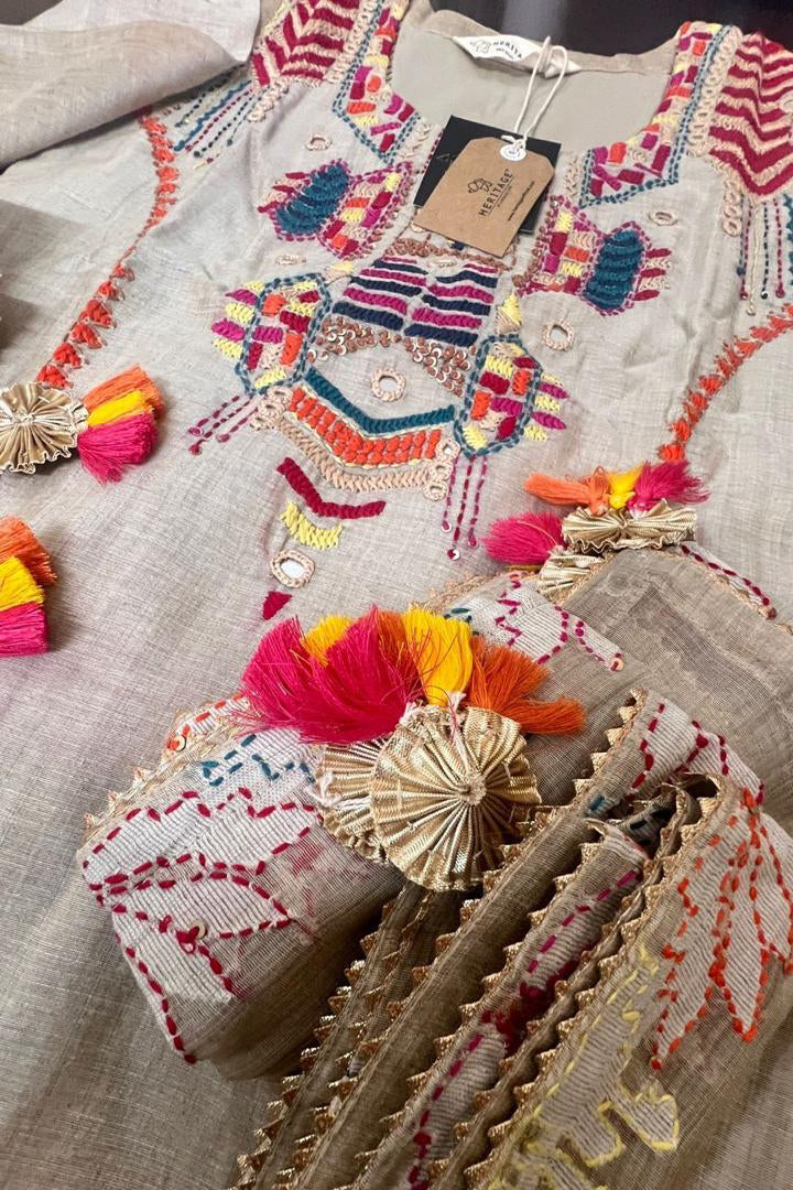 Noorani Multicolor A-Line Bamboo Silk Suit Set with Palazzo | HER-447