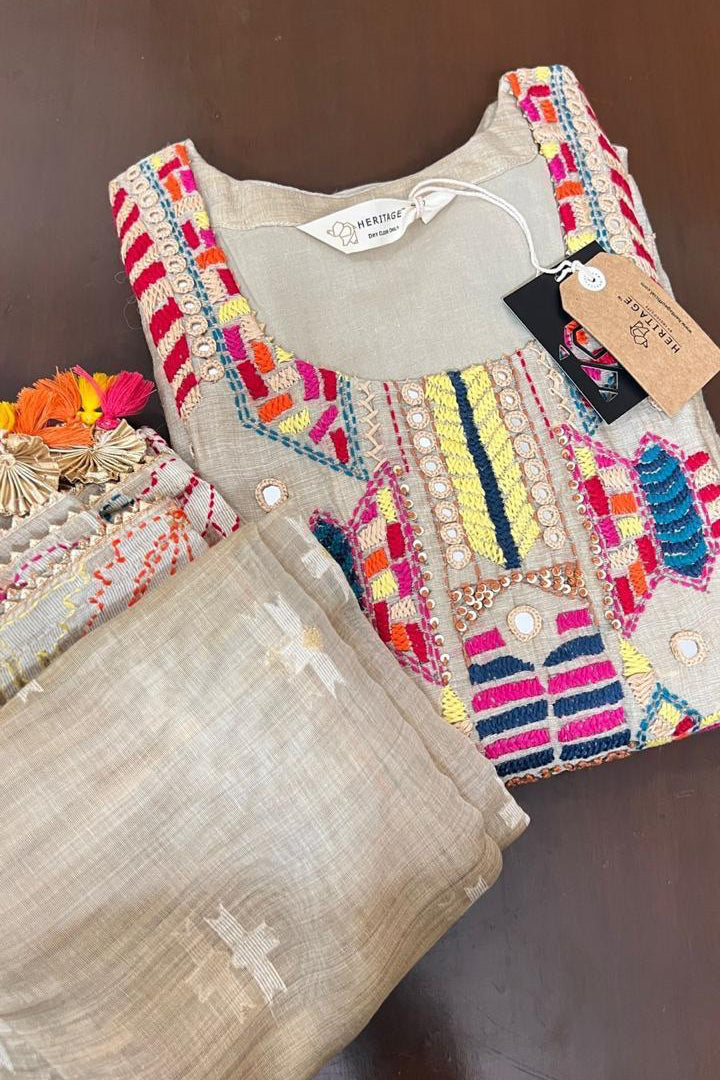 Noorani Multicolor A-Line Bamboo Silk Suit Set with Palazzo | HER-447