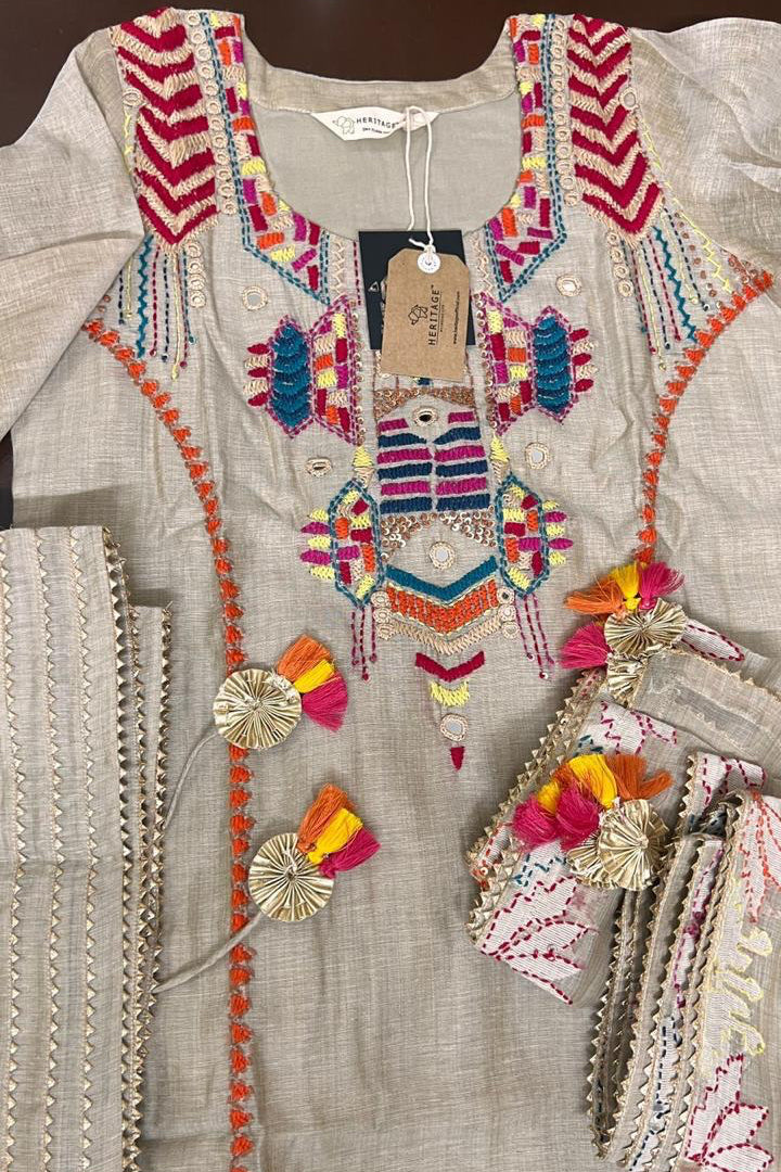 Noorani Multicolor A-Line Bamboo Silk Suit Set with Palazzo | HER-447