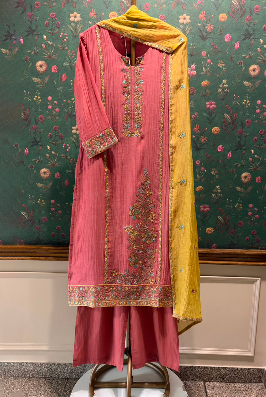 Rose Pink Mul-Chanderi Embroidered Suit Set | HER-780