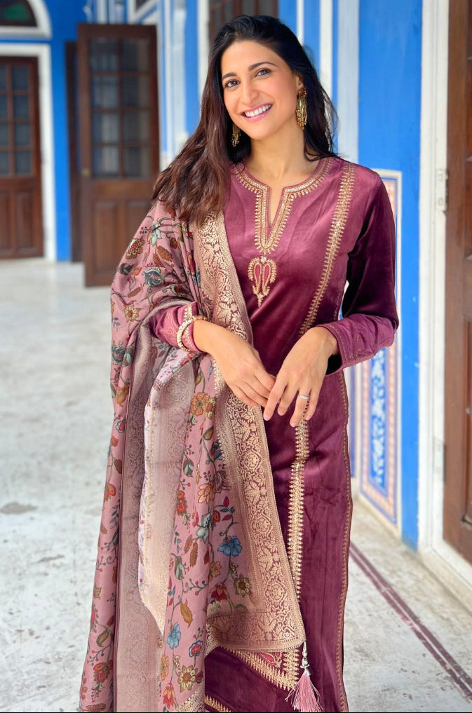 Wine Velvet Suit Set | HER-441