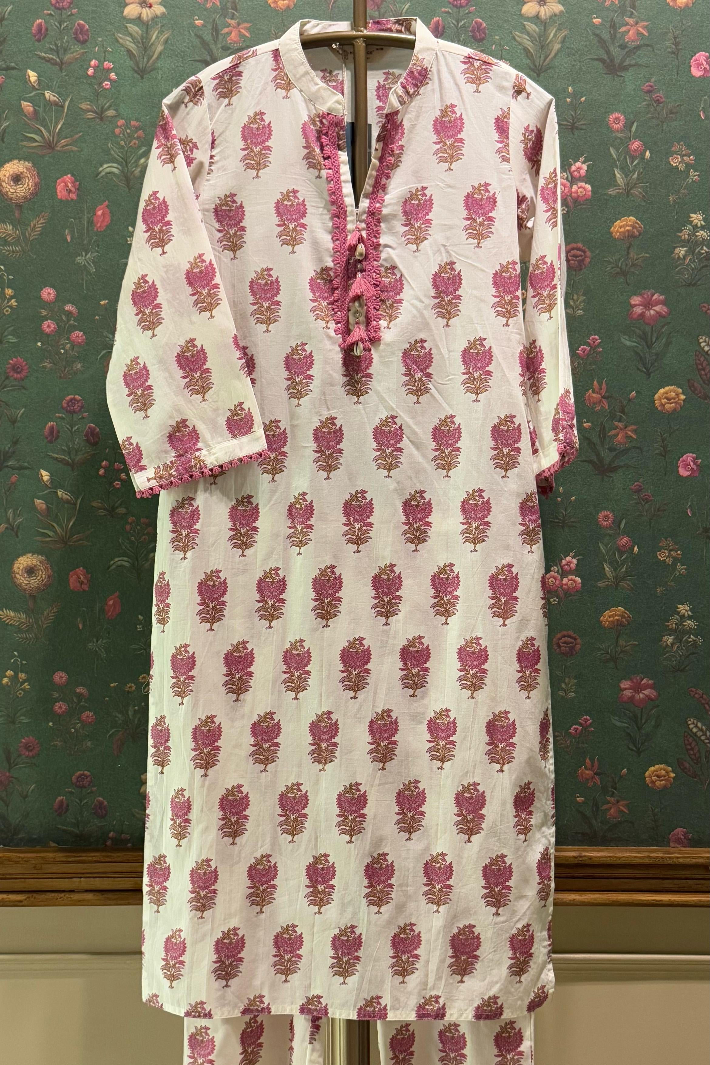 Cream & Pink Straight fit Cotton Kurta set | HER-513