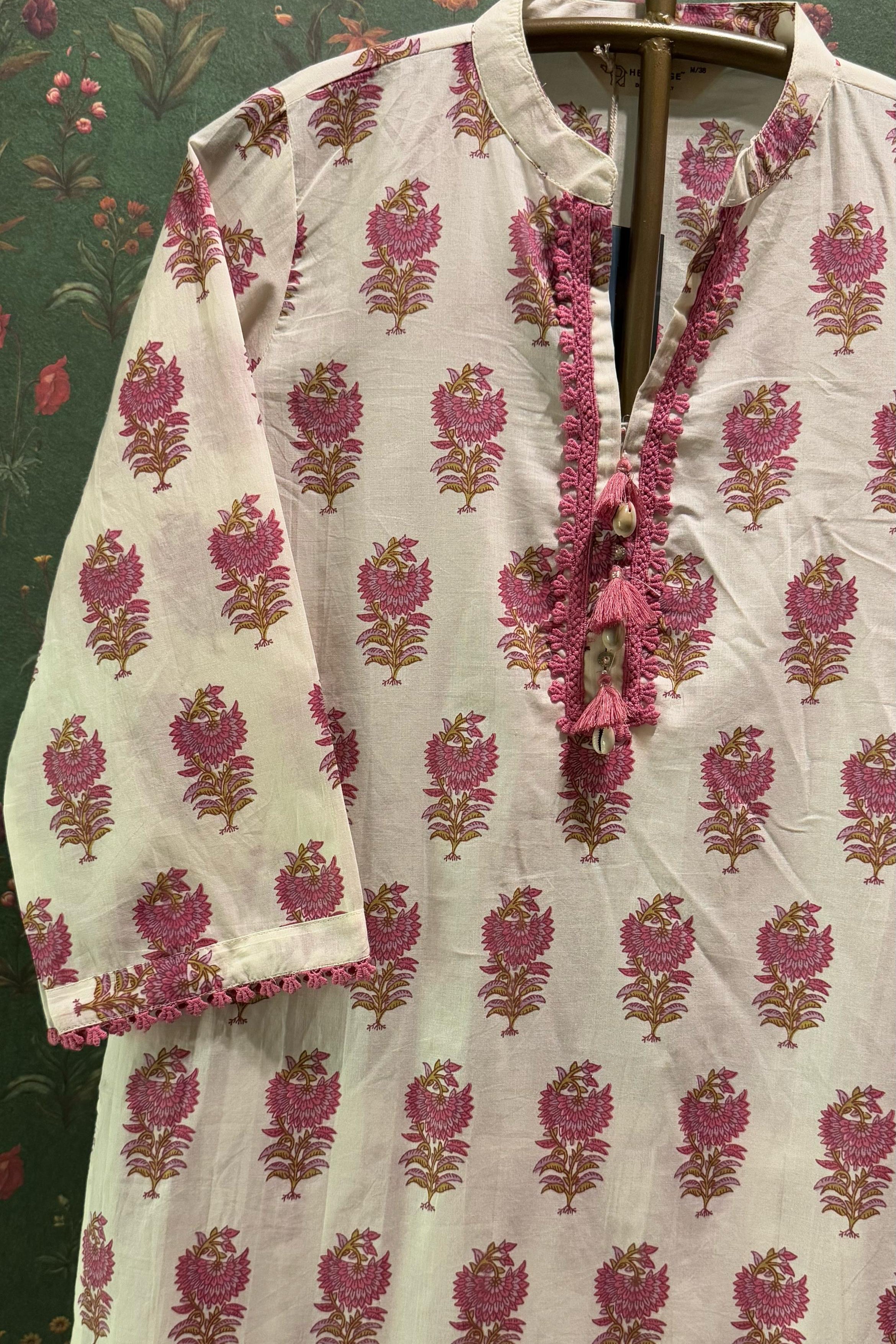 Cream & Pink Straight fit Cotton Kurta set | HER-513