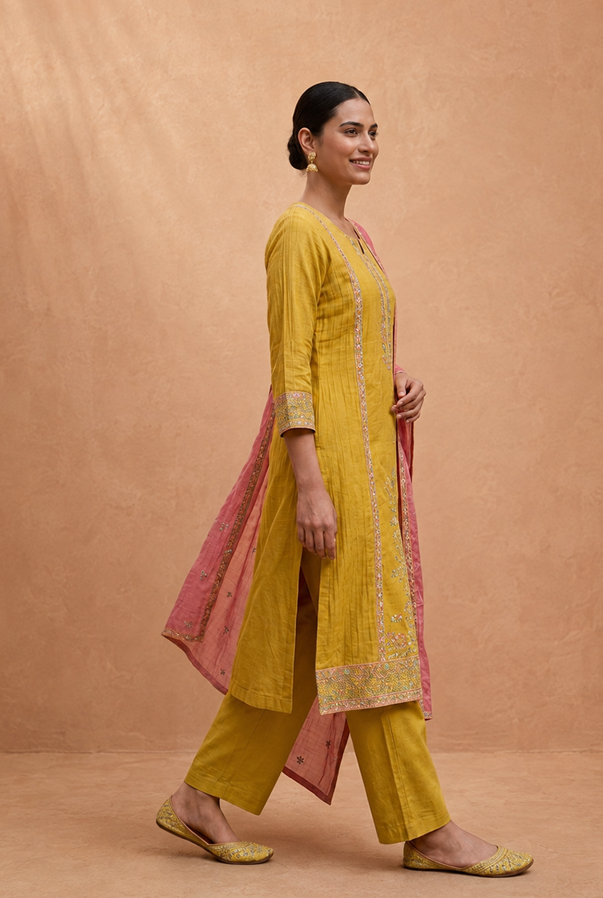 Mustard Yellow Mul-Chanderi Embroidered Suit Set | HER-780
