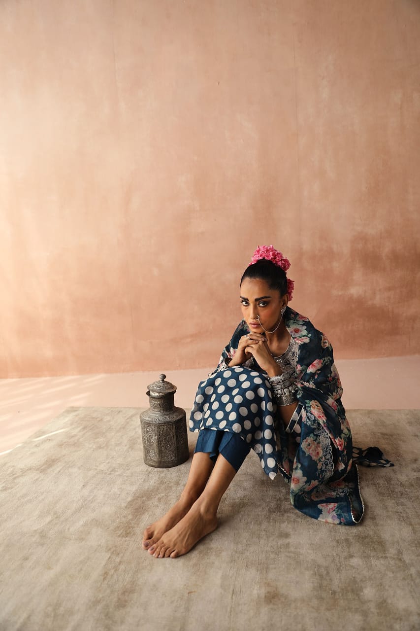 Blue Polka Chanderi Kurta Set | HER-253