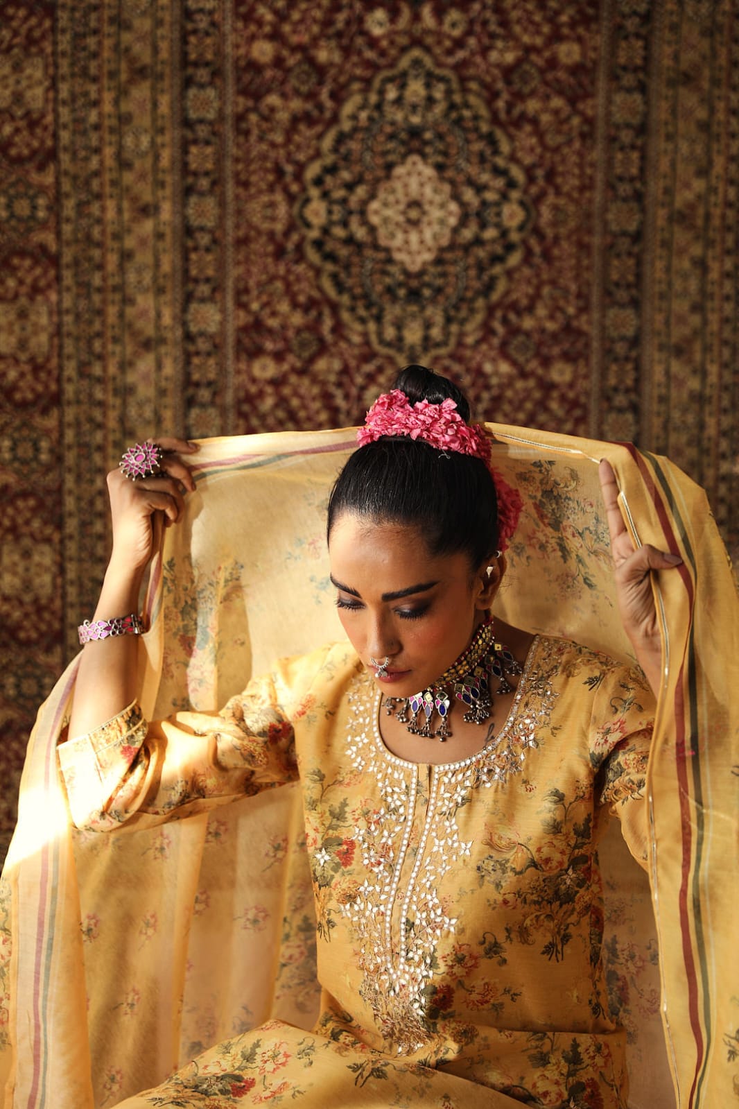 Heer Floral Yellow Chanderi Suit Set | HER-255