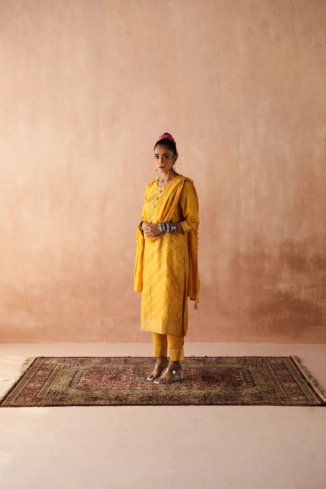 Yellow Zari Weaved Jacquard Suit Set