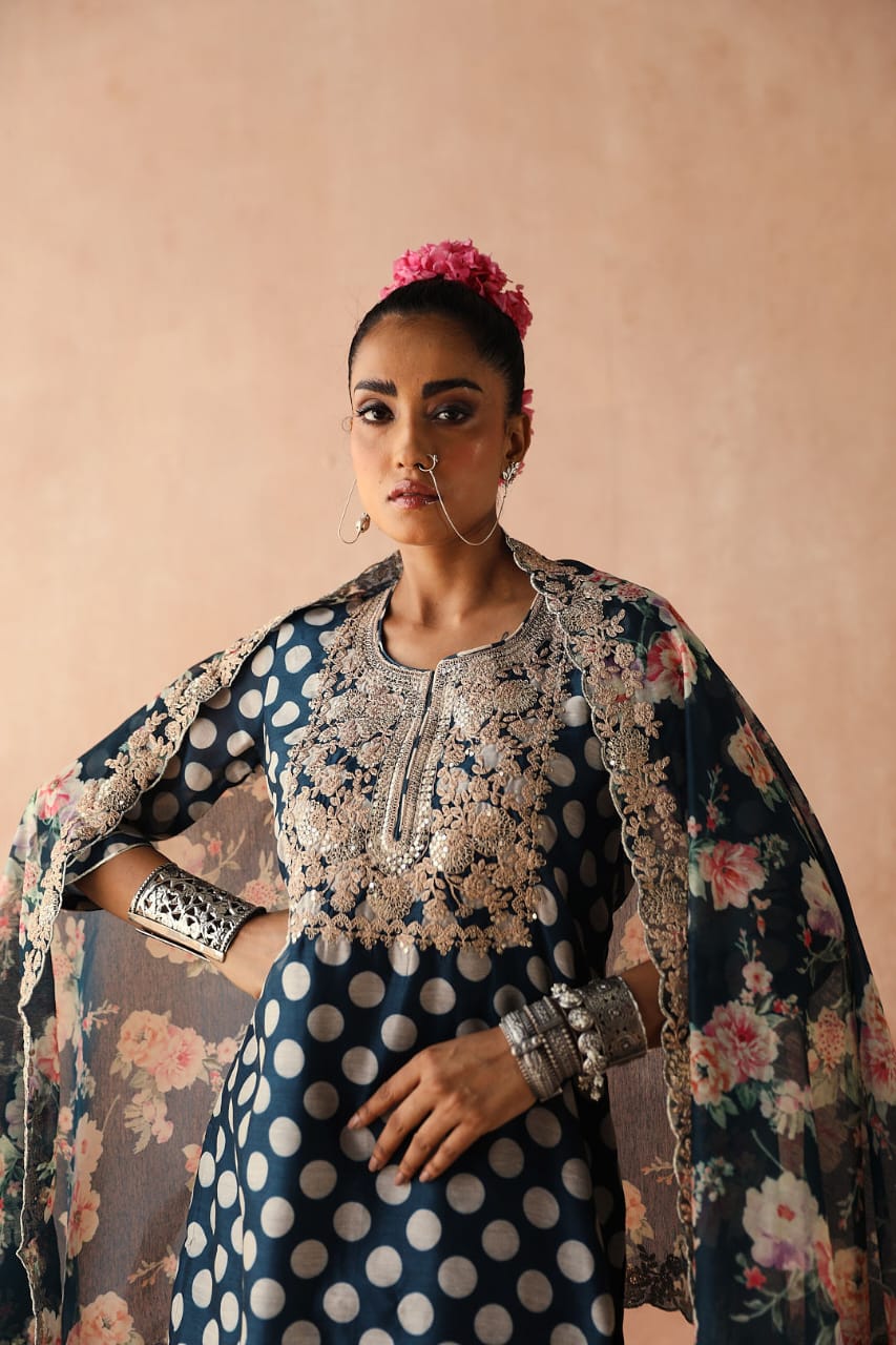 Blue Polka Chanderi Kurta Set | HER-253