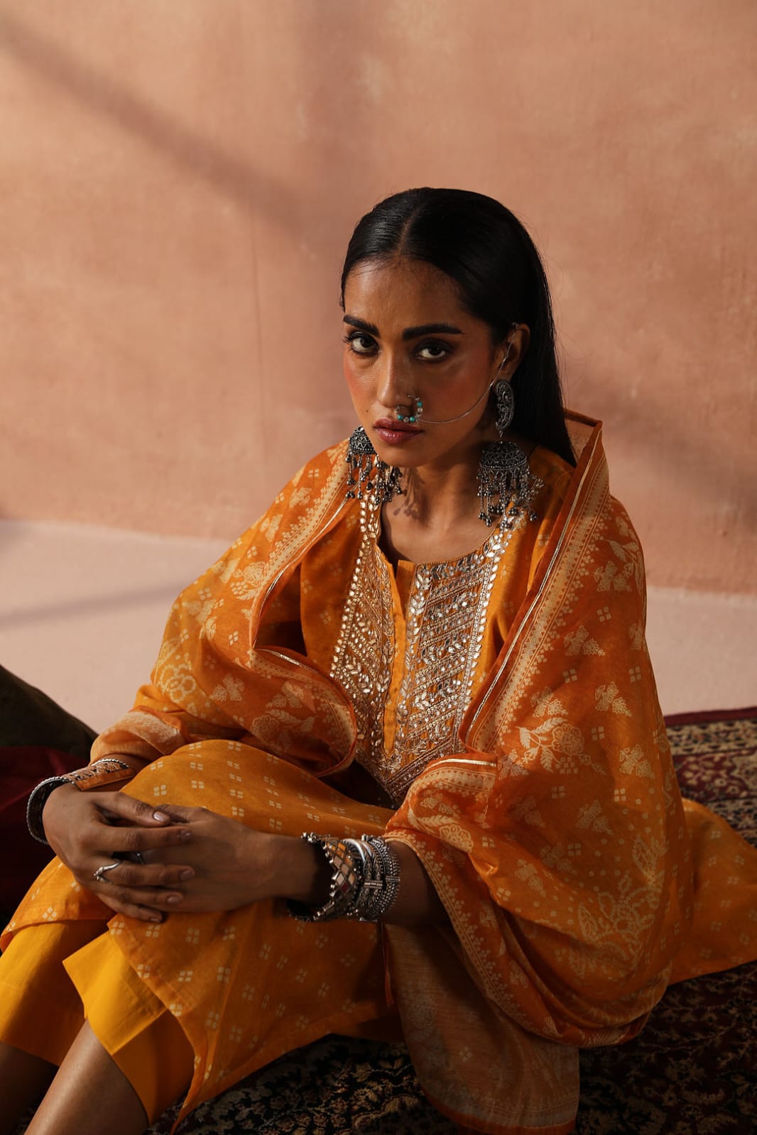 Mustard Yellow Bandhani Chanderi Suit Set