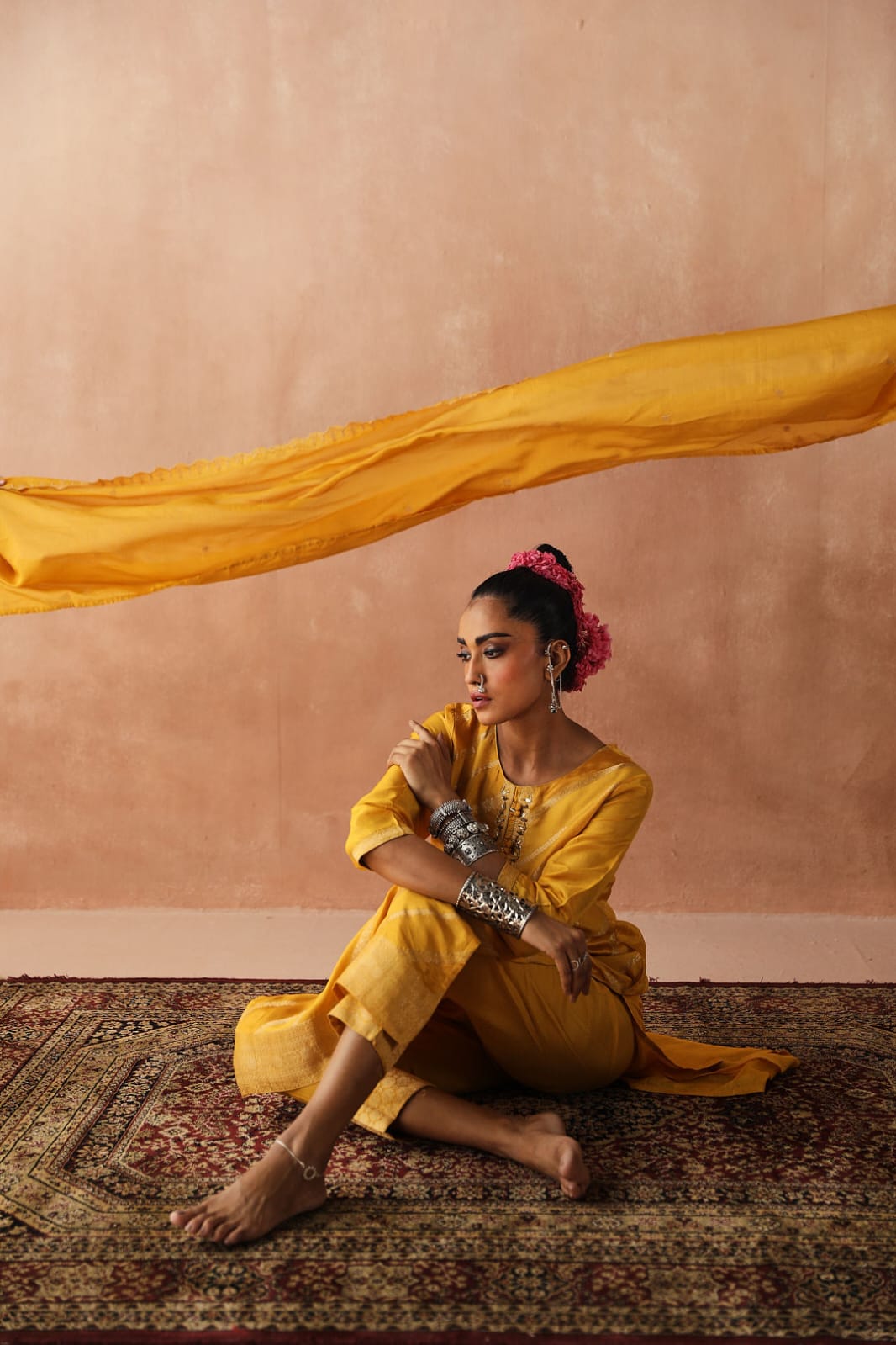 Yellow Zari Weaved Jacquard Suit Set