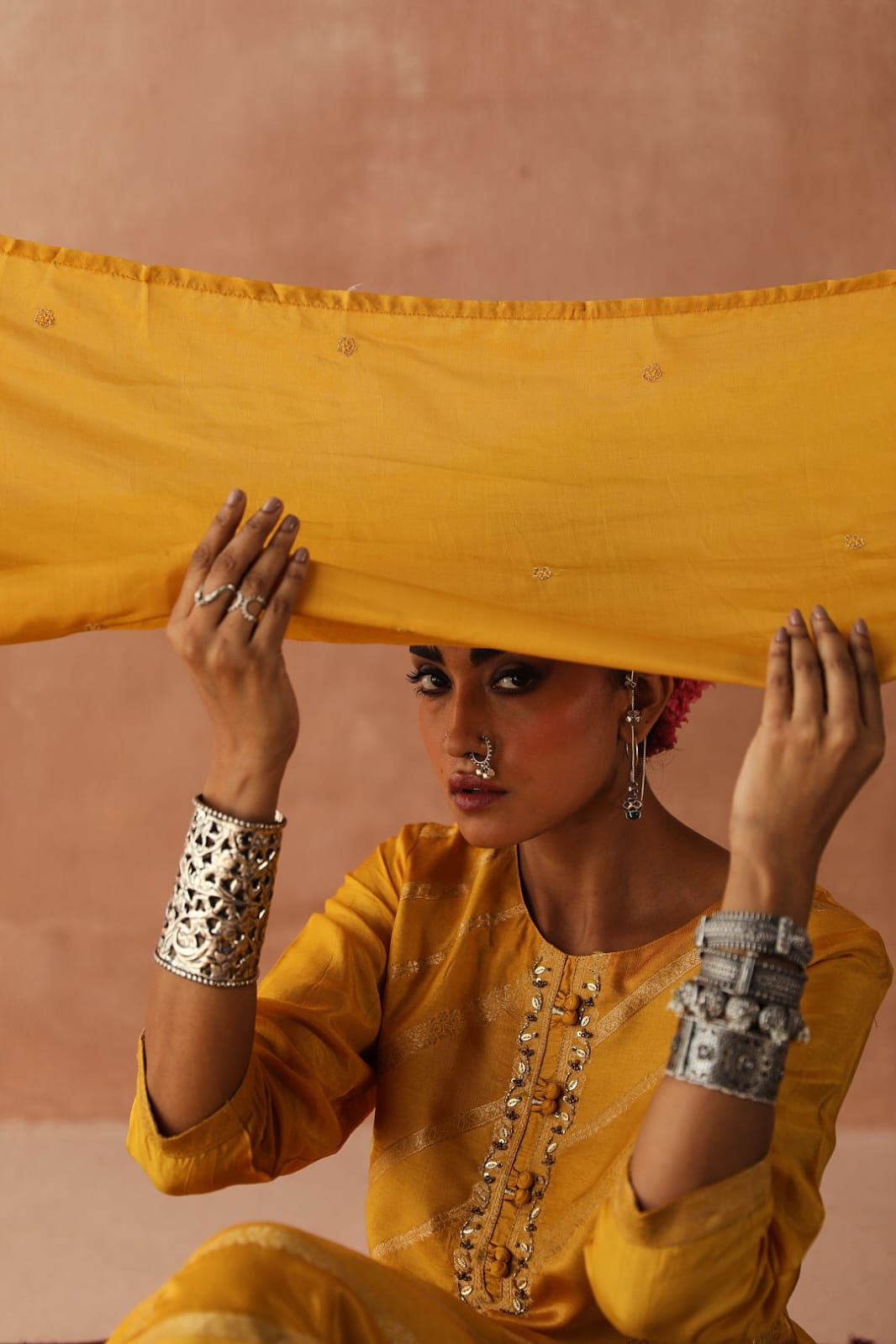 Yellow Zari Weaved Jacquard Suit Set