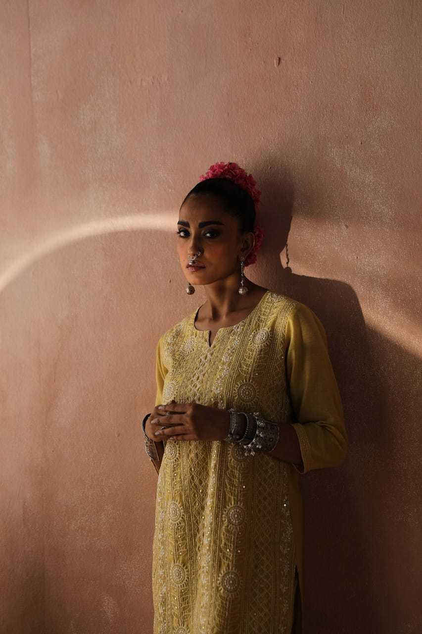 Yellow Chikankari Kurta/Co-ord Set | HER-258