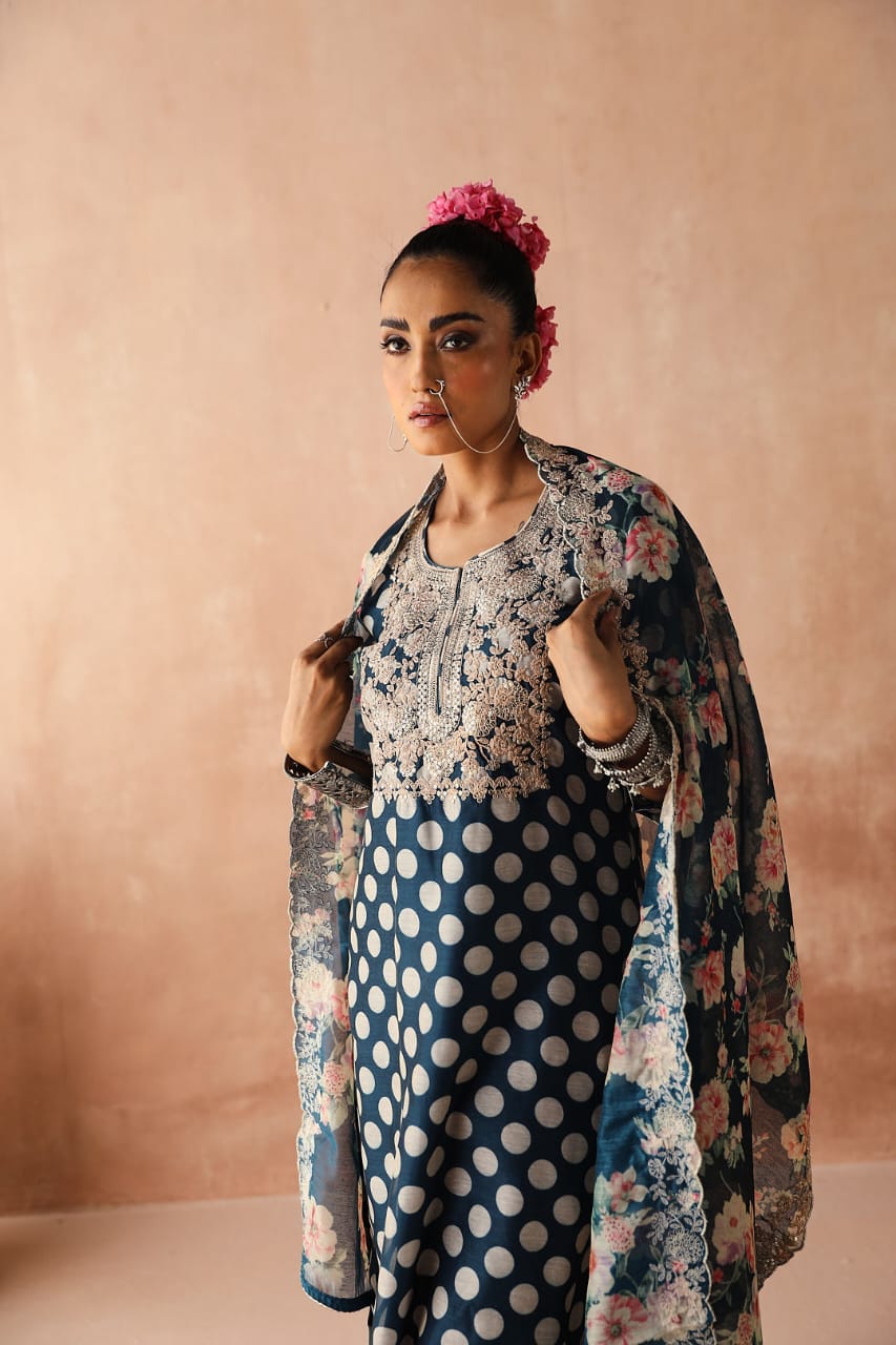 Blue Polka Chanderi Kurta Set | HER-253