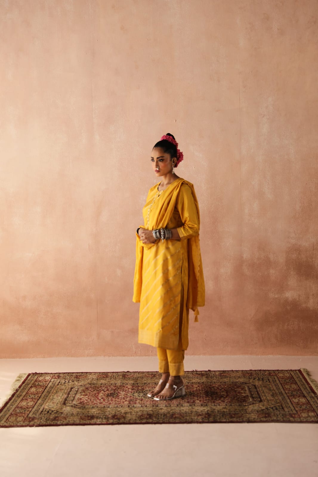 Yellow Zari Weaved Jacquard Suit Set