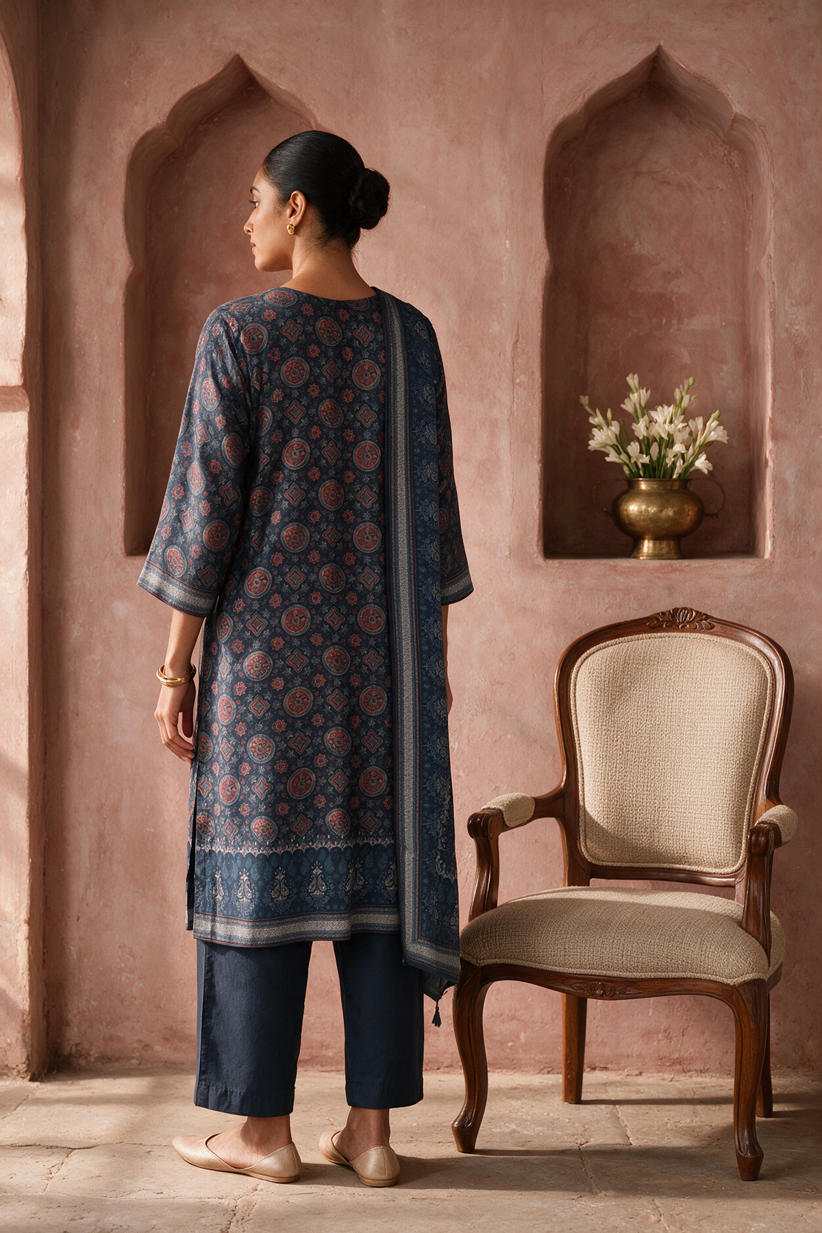 Indigo Medallion Printed Silk Suit Set
