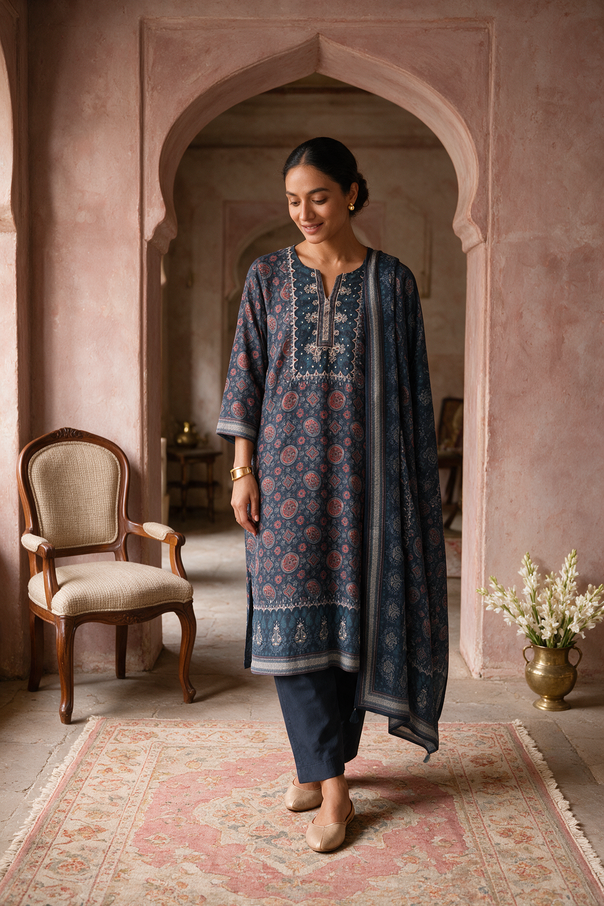 Indigo Medallion Printed Silk Suit Set