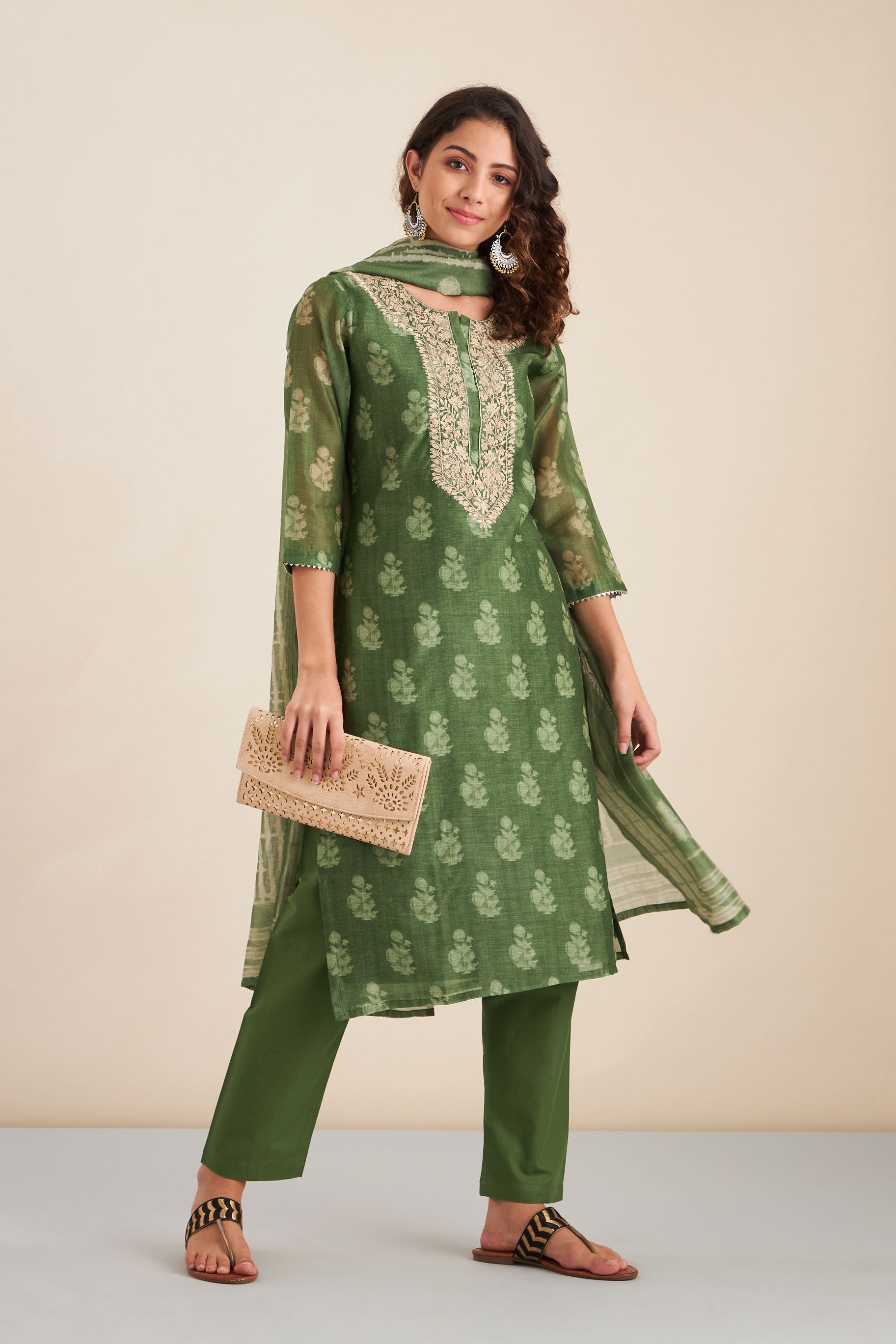 Green Hand Block Printed Chanderi Suit Set | DA-222