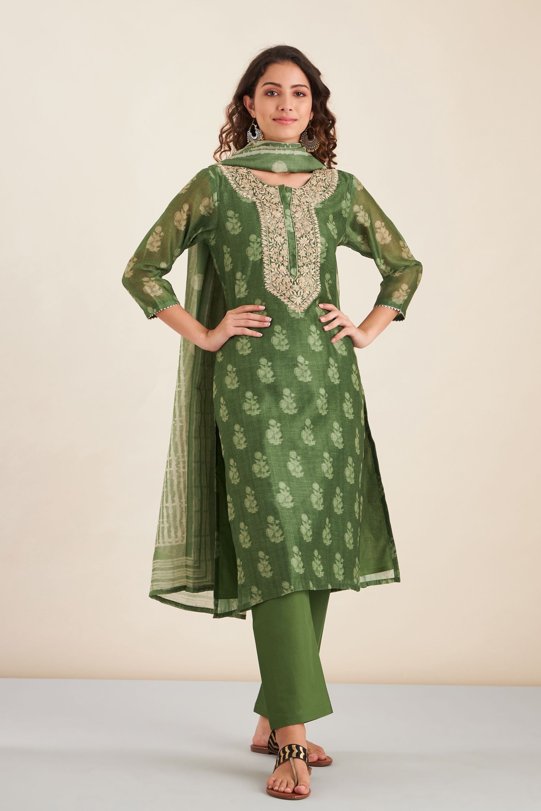 Green Hand Block Printed Chanderi Suit Set | DA-222